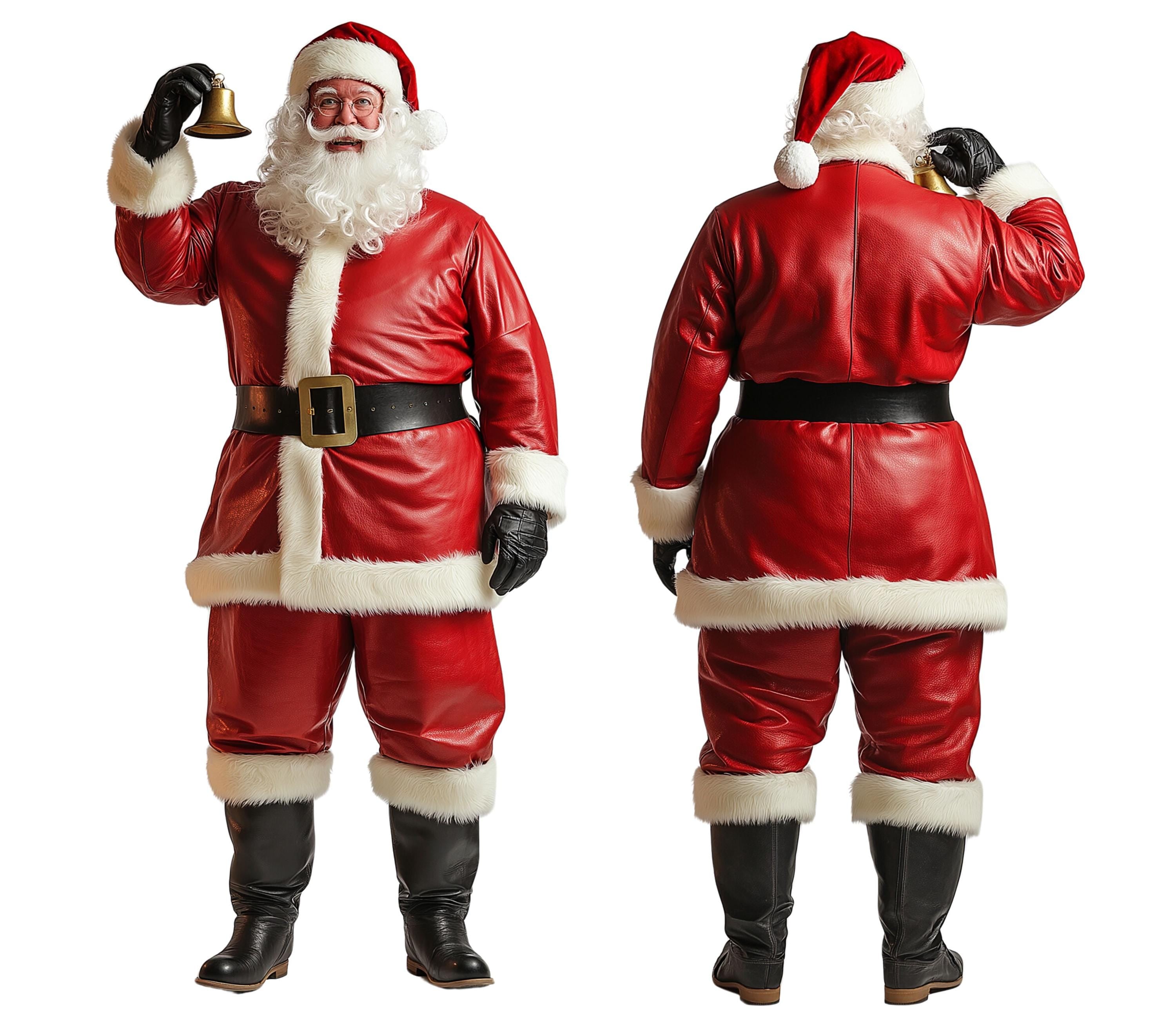 Front and back view of handmade red leather Santa Claus costume coat with white fur trim – classic Christmas and Halloween Santa suit