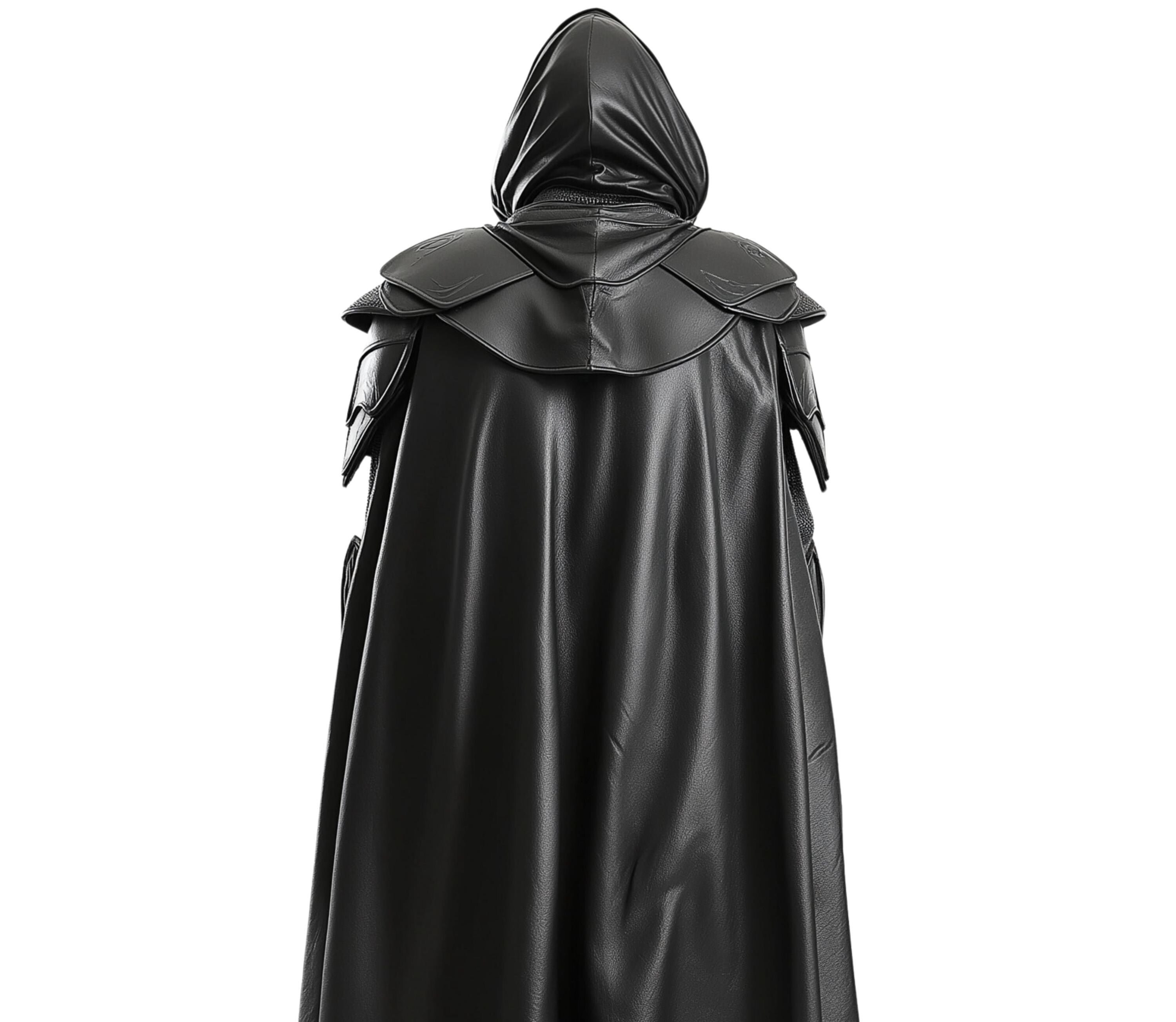 Close-up back view of Night Stalker leather armor costume with detailed shoulder armor and hooded cloak, perfect for medieval knight and assassin cosplay
