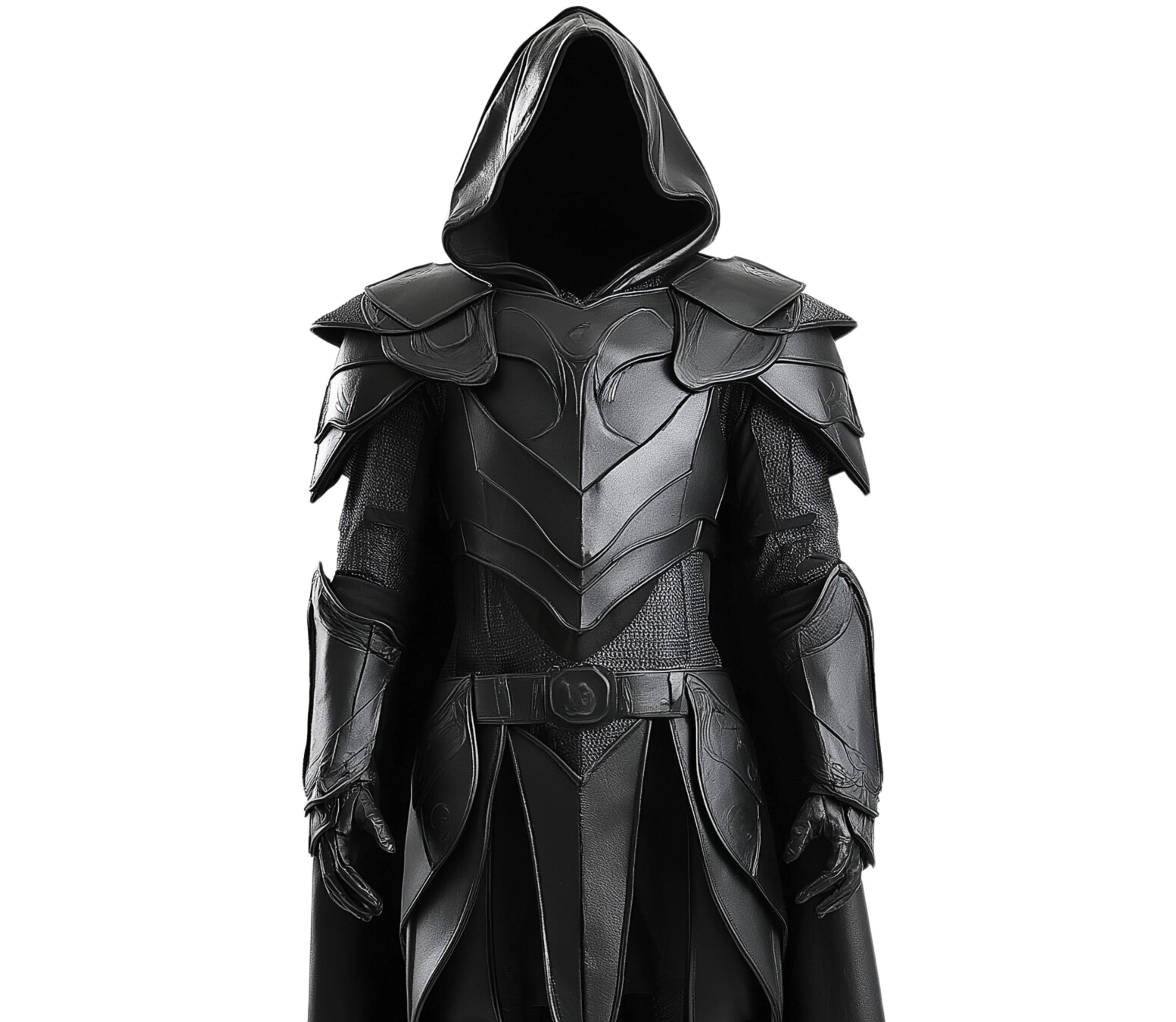 Close-up view of black leather cloak with hood and armor for cosplay costume as viking - knight - warrior - assassin - for larp, ren faire, halloween, cosplay, themed parties and theatre - Creed Leather
