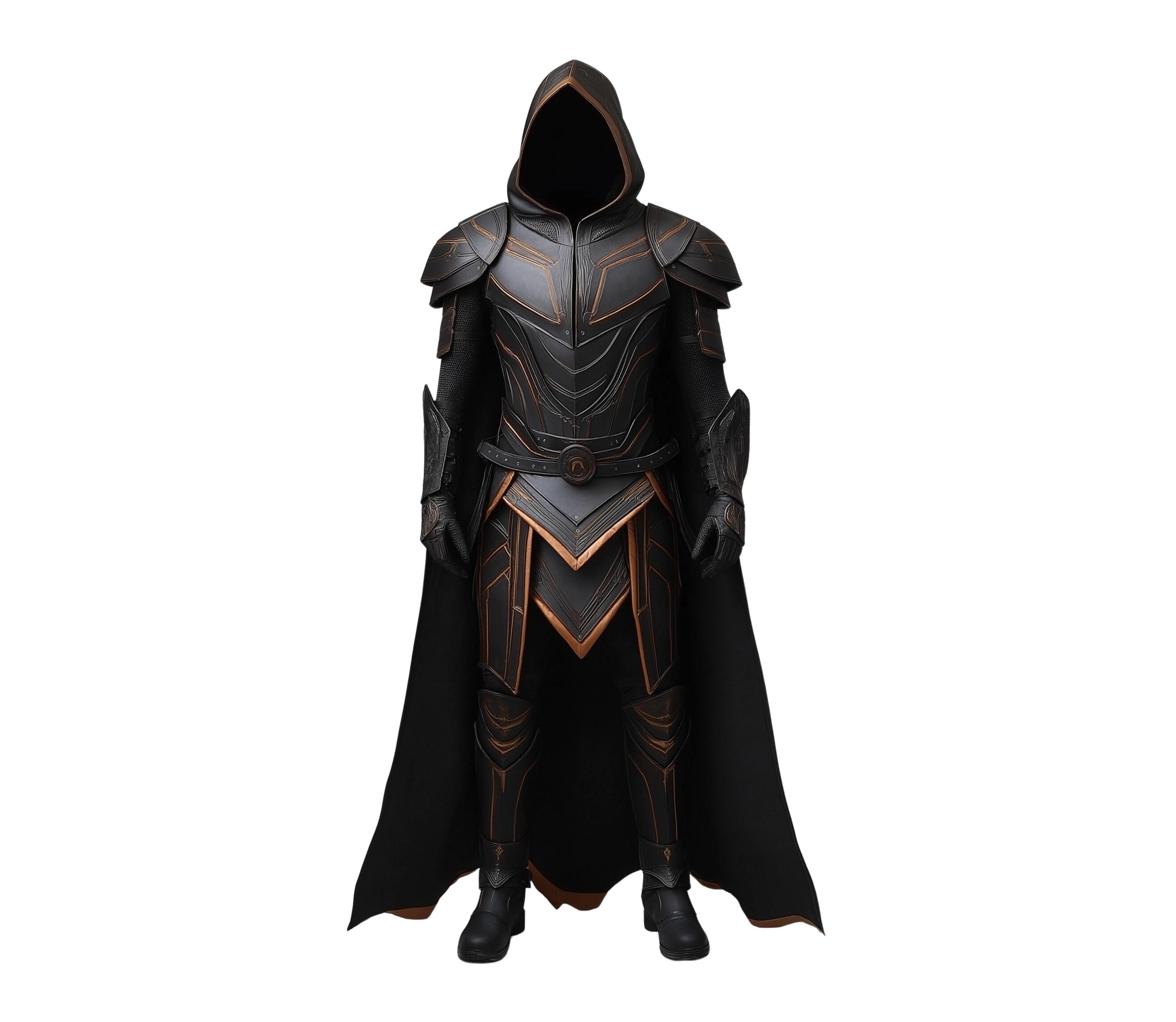 Midnight Phantom black leather armor with medieval hooded cloak, fantasy Viking cosplay costume for men, dark warrior outfit with full battle armor - Creed Leather