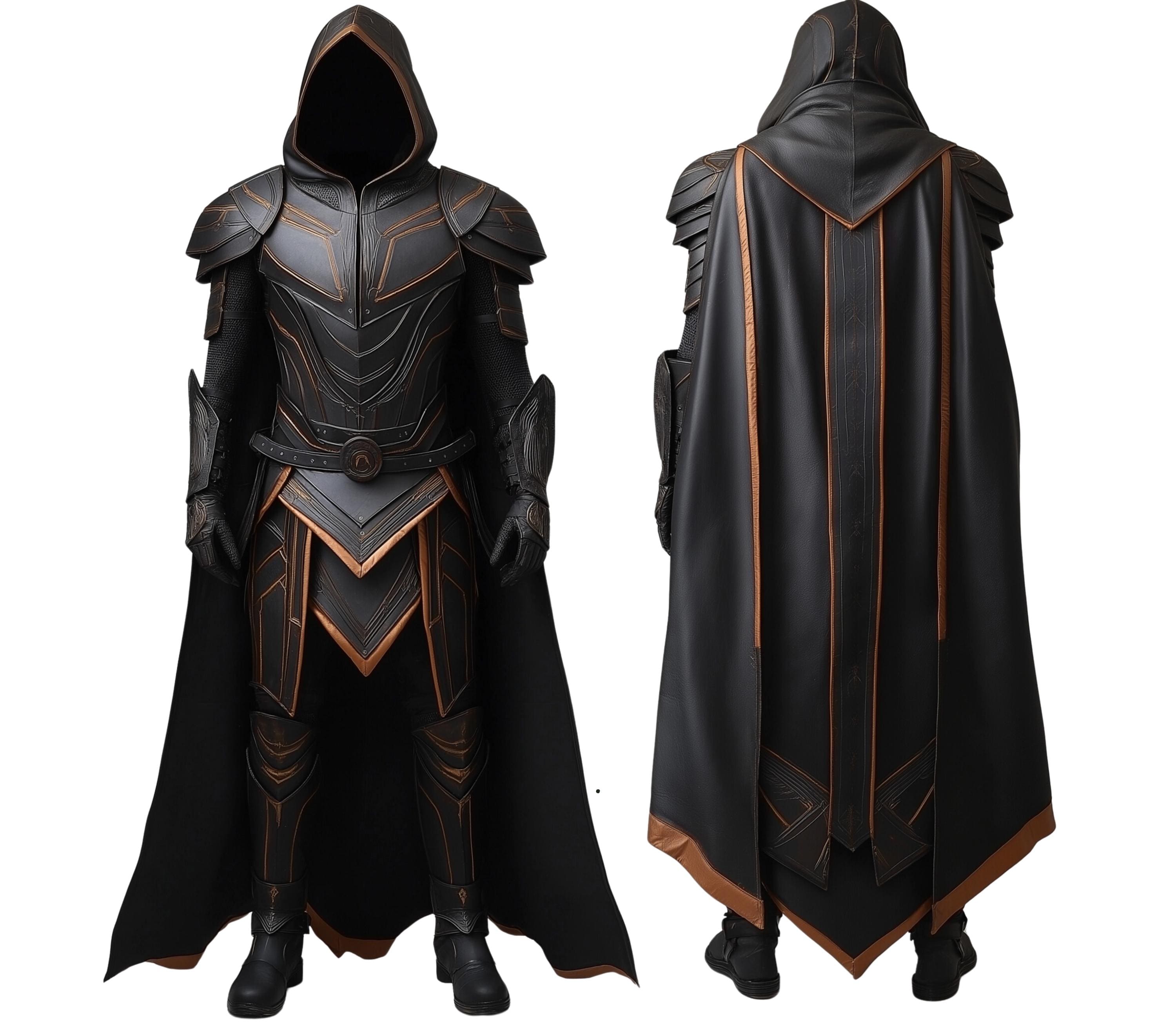 Front and Back View of Midnight Phantom Black Leather Armor with Medieval Hooded Cloak – Fantasy Viking Cosplay Costume and Warrior Battle Outfit - Creed Leather