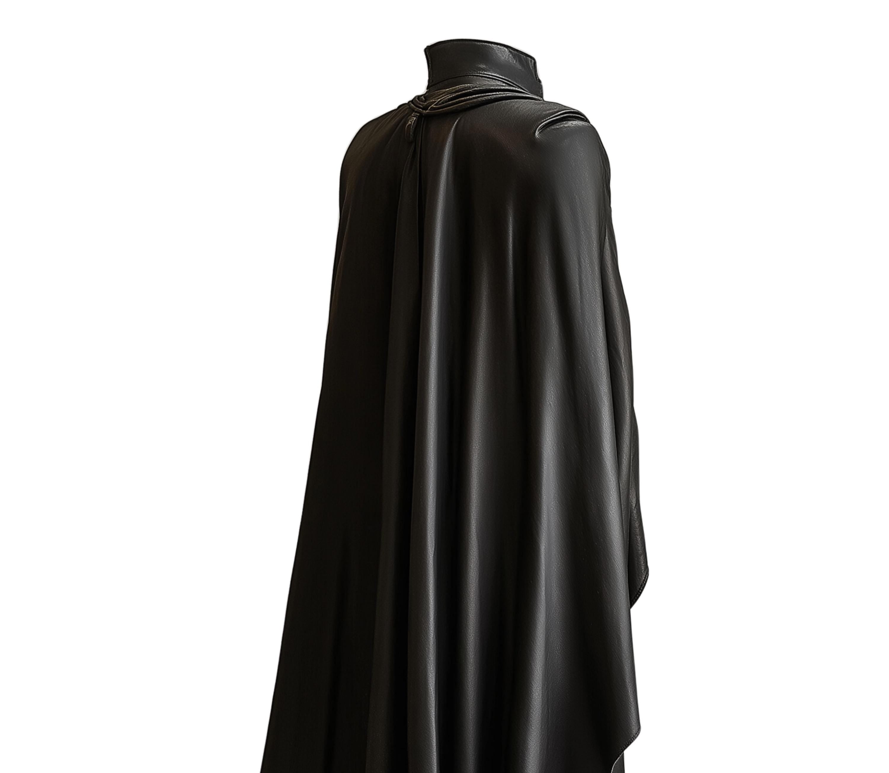 Close-up back view of Duke of Shadows medieval leather cloak showing detailed adjustable lace closures and black faux leather texture — gothic cosplay costume detail - Creed Leather