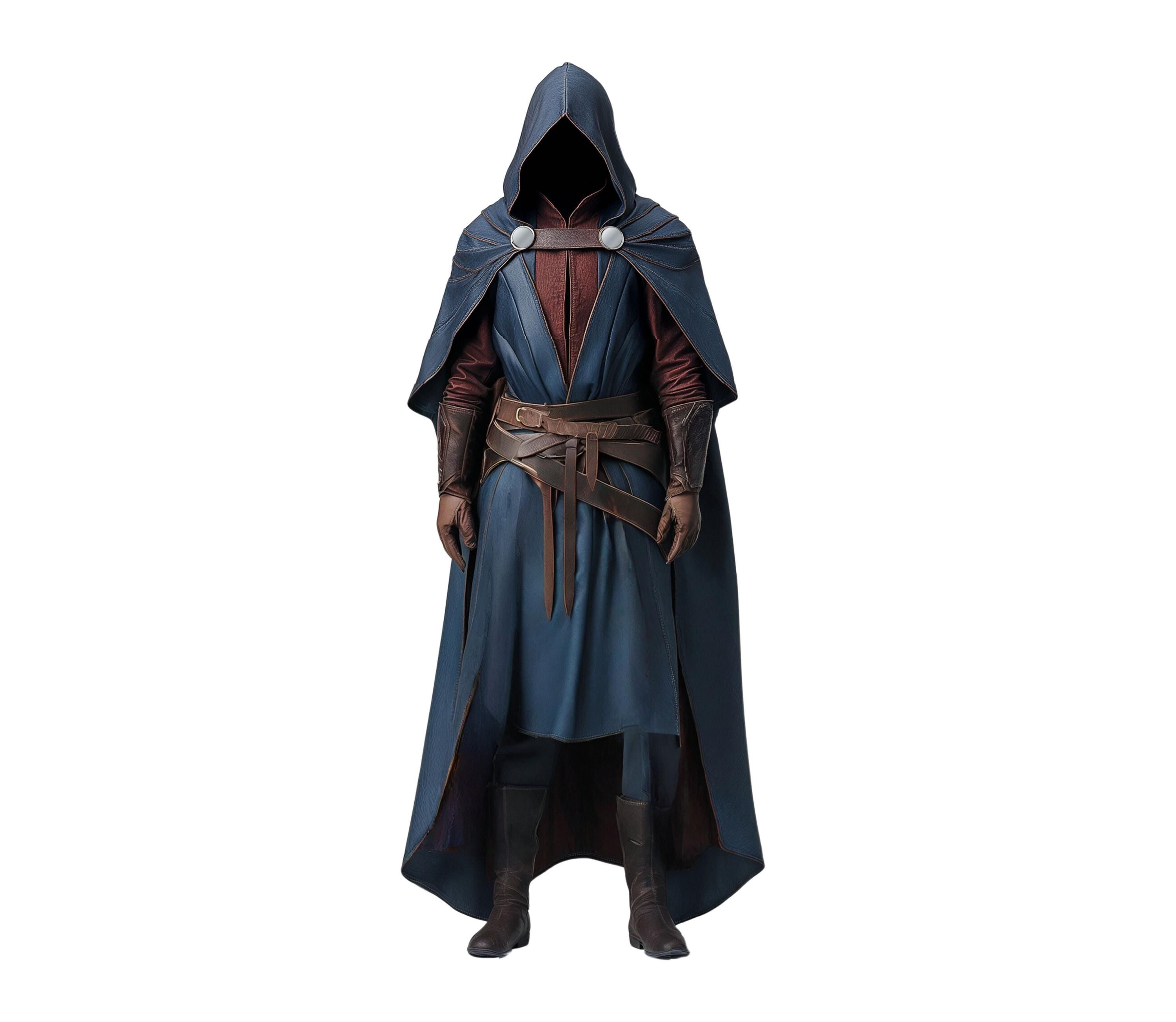 Male model wearing a blue fantasy hooded cloak with leather belt and gloves, styled as a hooded assassin costume or medieval wizard cloak; perfect for Assassin's Creed costume, cosplay wizard costume, LARP cosplay, Renaissance fair outfit, or DnD-inspired ranger costume. - creedleather