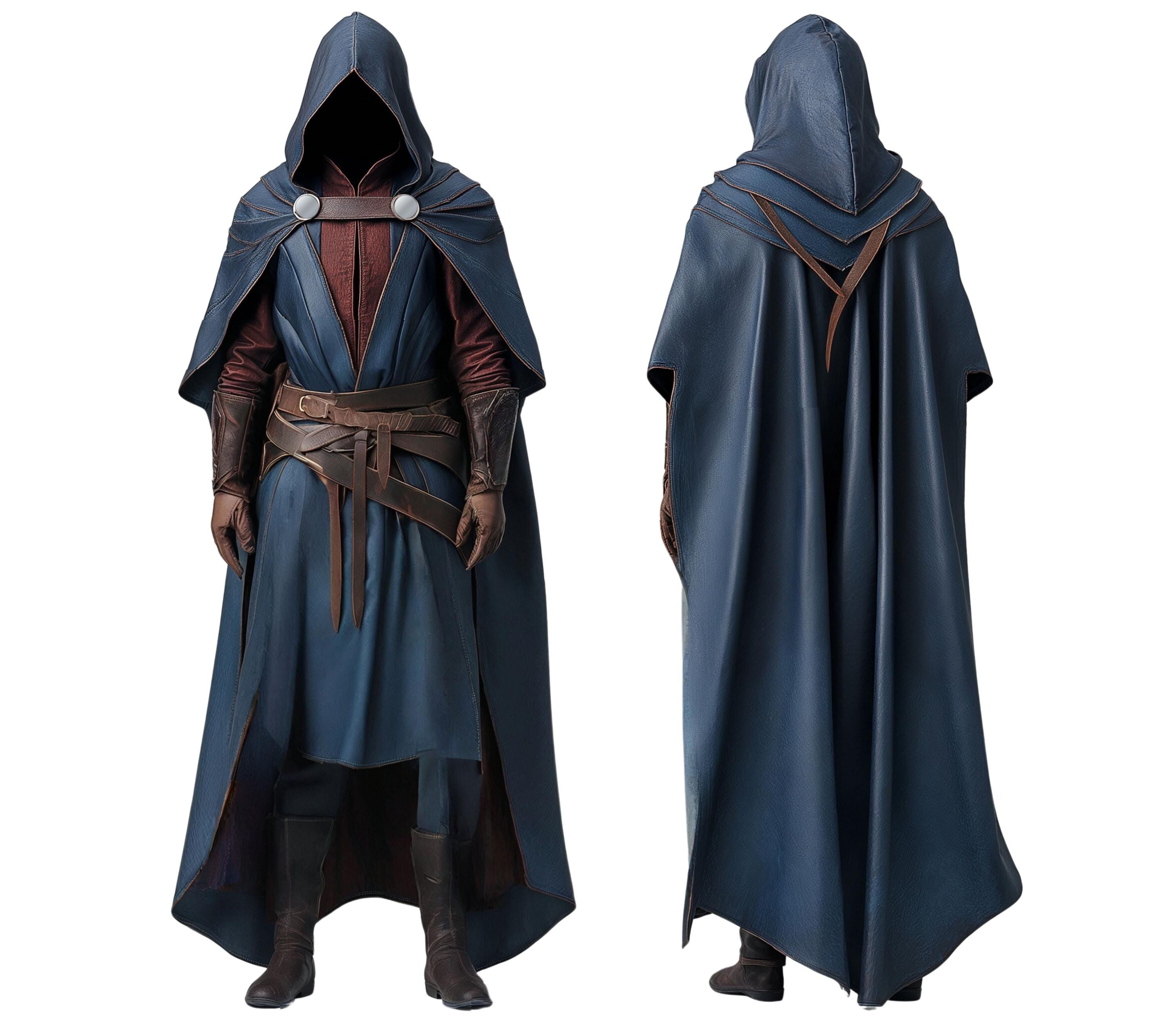 Front and back view of a male model wearing a blue hooded assassin costume with a leather belted robe, fantasy cloak, and medieval wizard cloak design; ideal for Assassin's Creed cosplay, DnD inspired LARP cosplay, Renaissance fair outfit, and blue ranger costume looks. - Creedleather