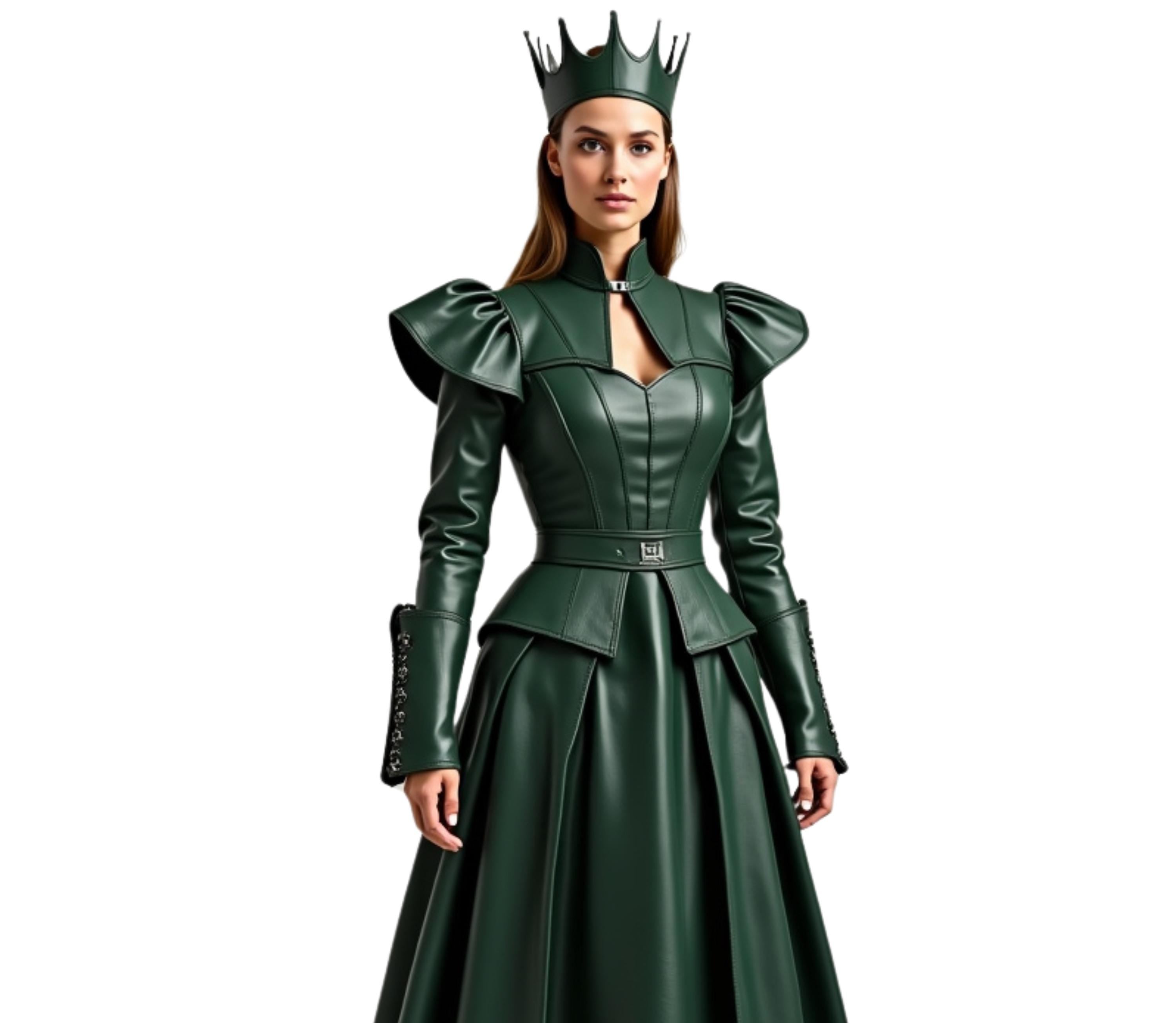 Close-up of The Shadow Queen cosplay costume highlighting gothic leather texture, princess dress detailing, crown for women, and elegant stitching of the medieval fantasy gown. - Creed Leather