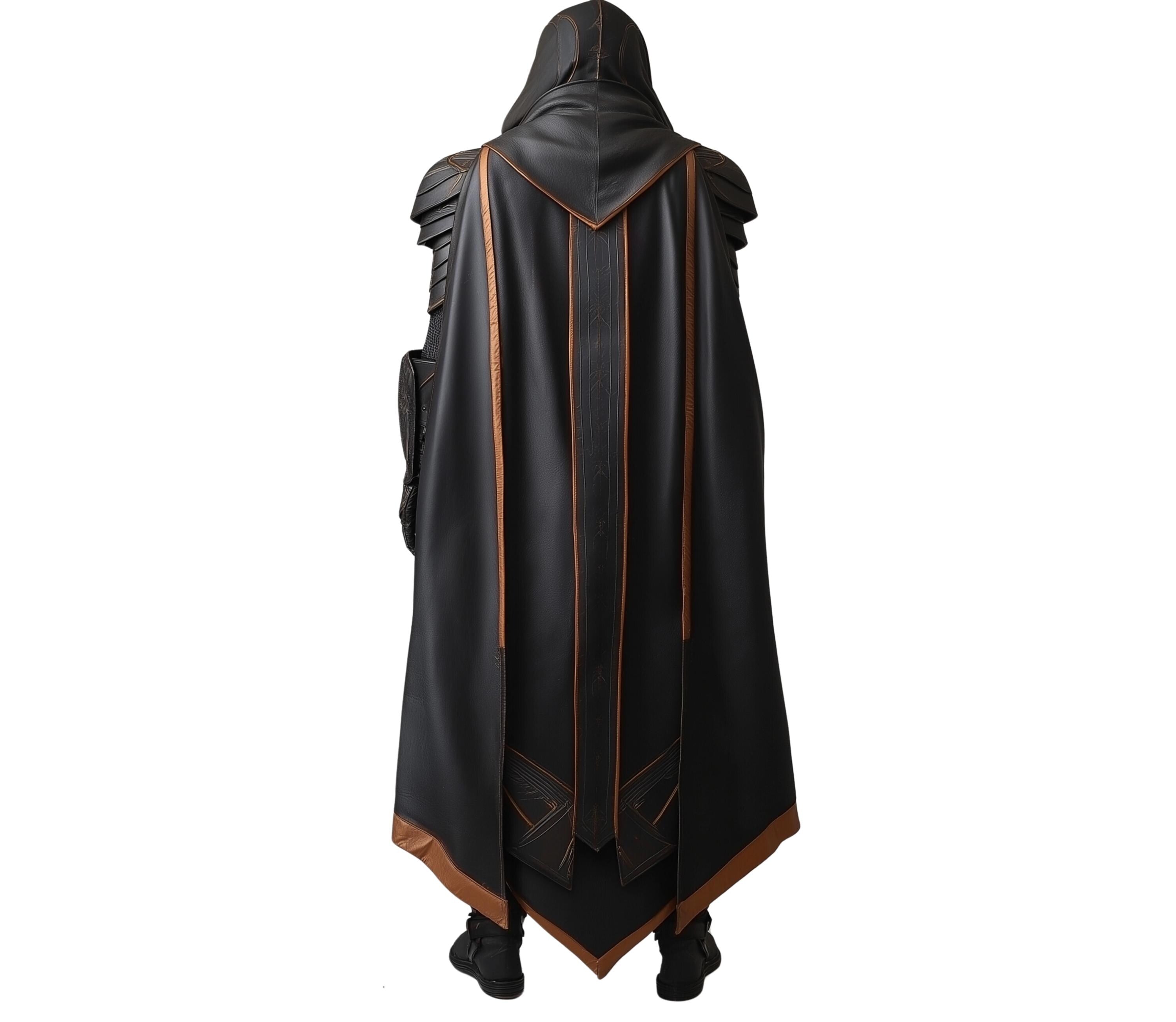 Back view of Midnight Phantom hooded cloak and leather armor, authentic Viking cosplay costume with detailed fantasy battle armor design