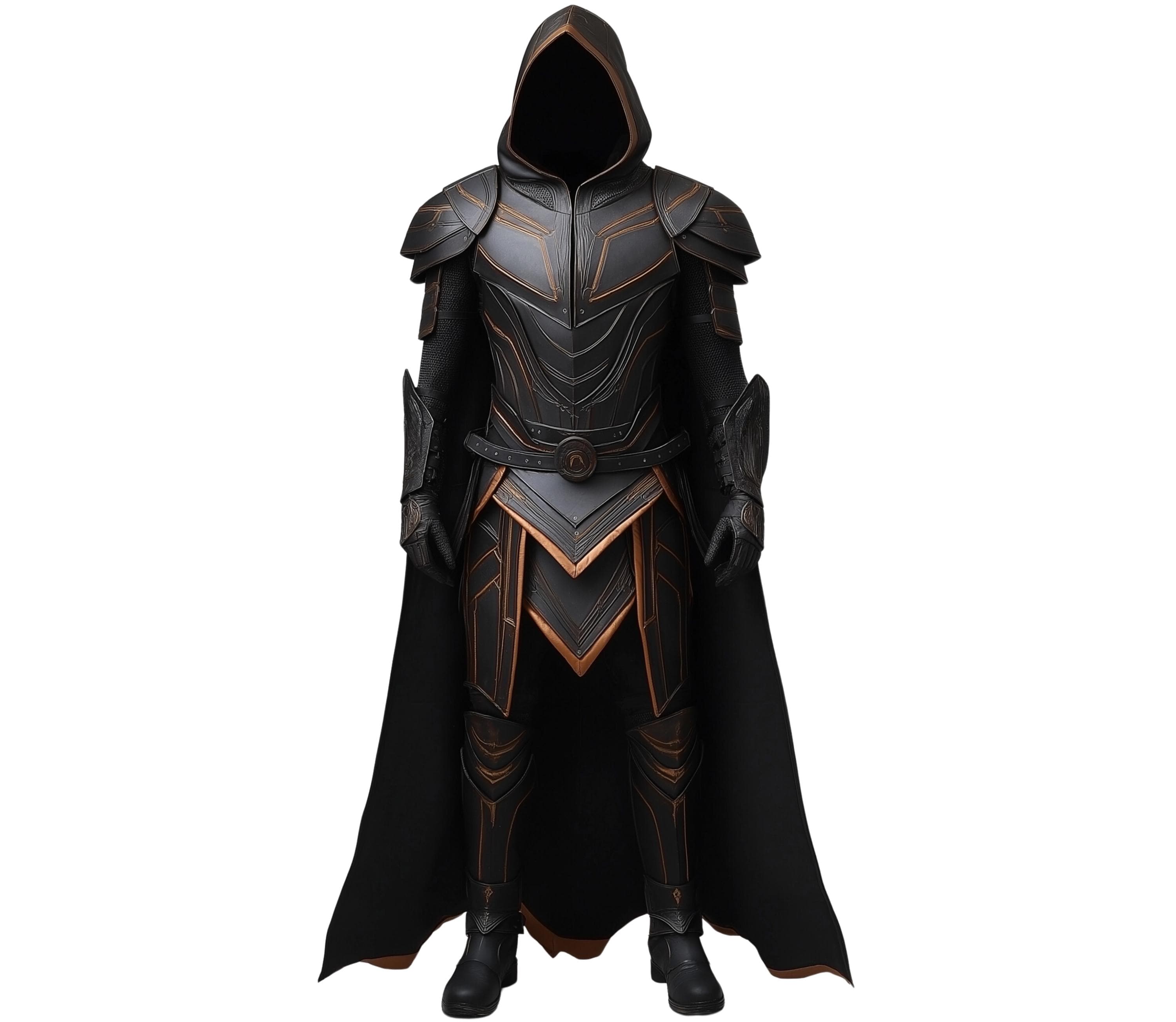 Front view of Midnight Phantom black leather armor with medieval hooded cloak, fantasy Viking cosplay costume for men, rogue warrior outfit