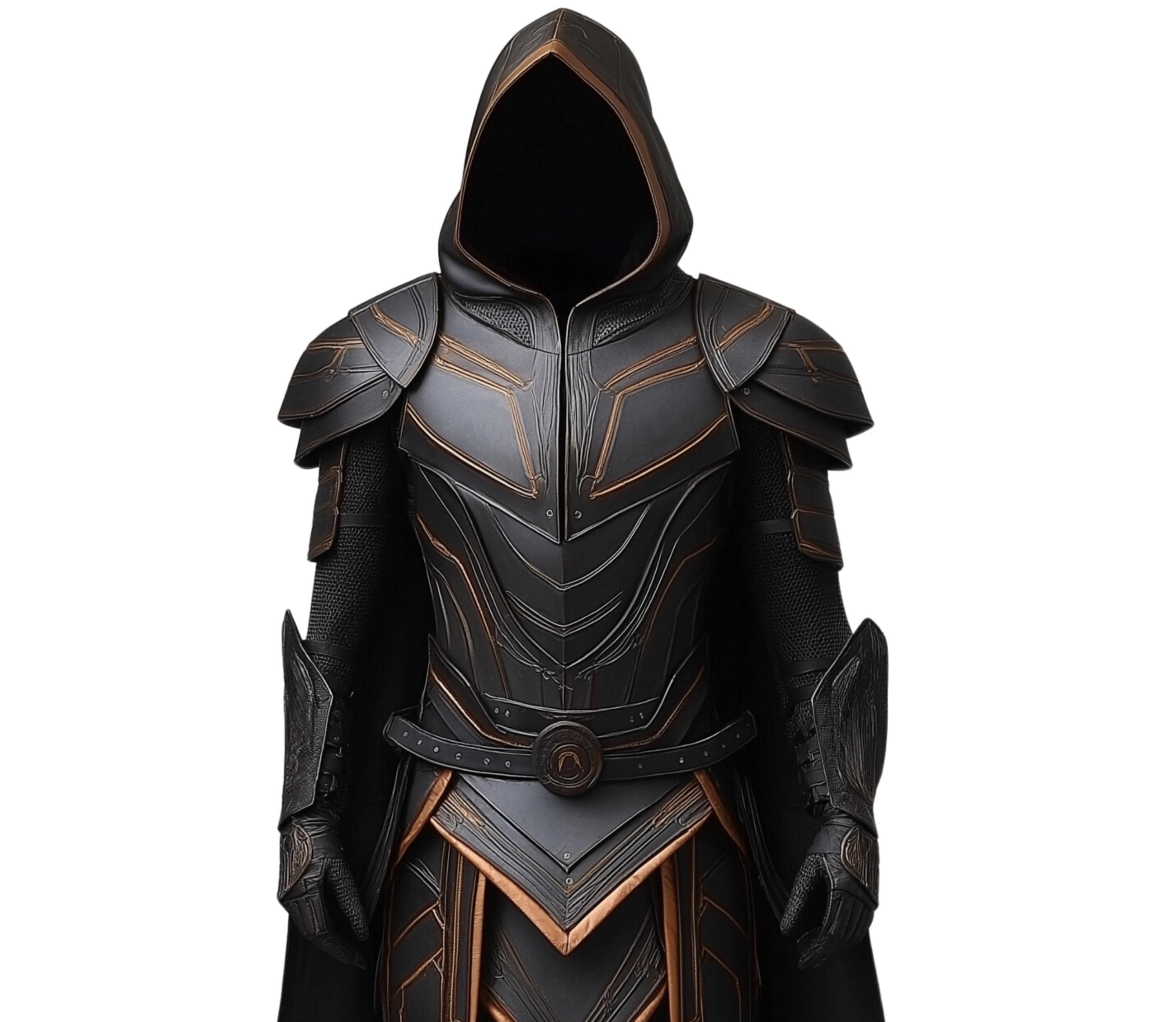 Close-up of Midnight Phantom black leather armor showing detailed stitching, rugged texture, and medieval hooded cloak craftsmanship for cosplay costume - Creed Leather