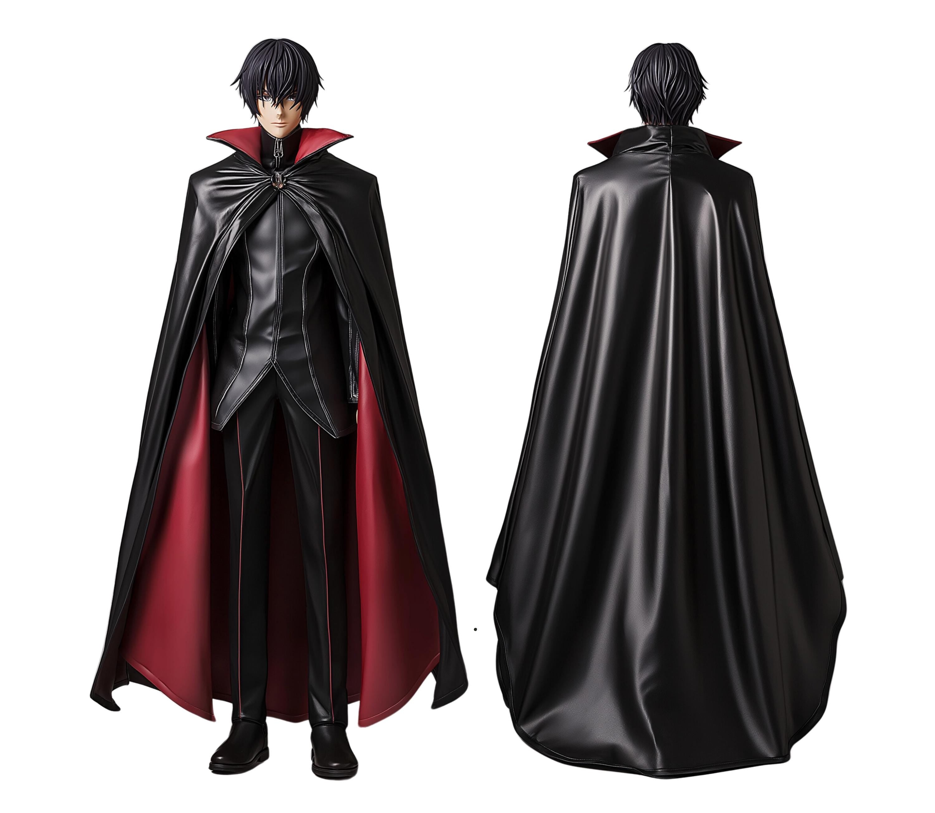red and black leather cosplay costume with cloak and vest for anime code geass character lelouch lamperouge cosplayâ front and back view of cosplay costume - lelouch vi britannia costume - Creed Leather