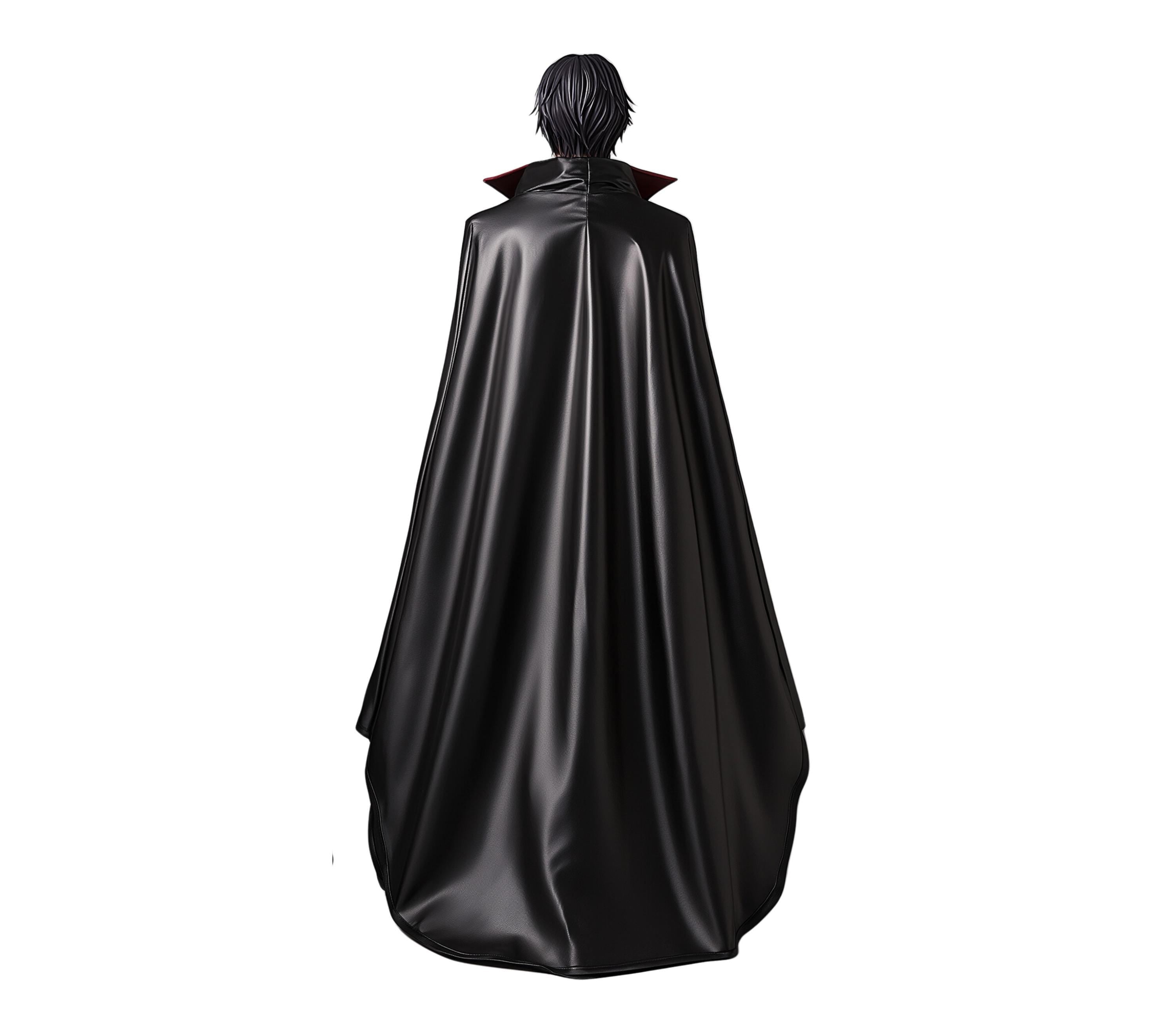 Back view of Lelouch cosplay cloak with flowing black fabric and crimson lining â inspired by Code Geass Zero cosplay and anime costumes, perfect for Lelouch vi Britannia cosplay and anime Halloween cloak outfit - Creed Leather