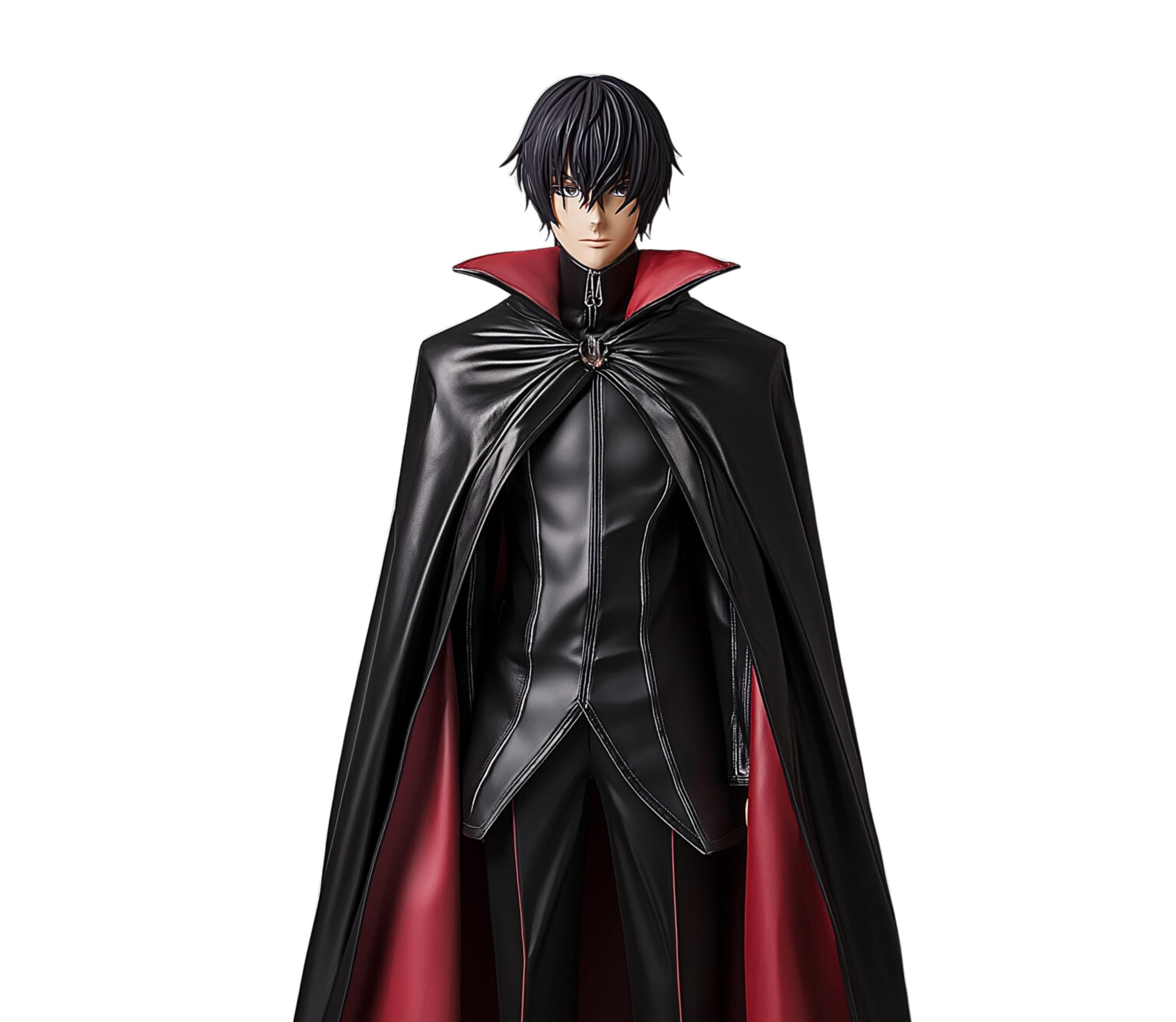 lelouch cosplay costume in red and black leather- Close-up of Lelouch Lamperouge cosplay cloak showing detailed stitching, premium fabric, and crimson inner lining â ideal for Code Geass cosplay, anime costume, and cosplay cloak enthusiasts - creed leather