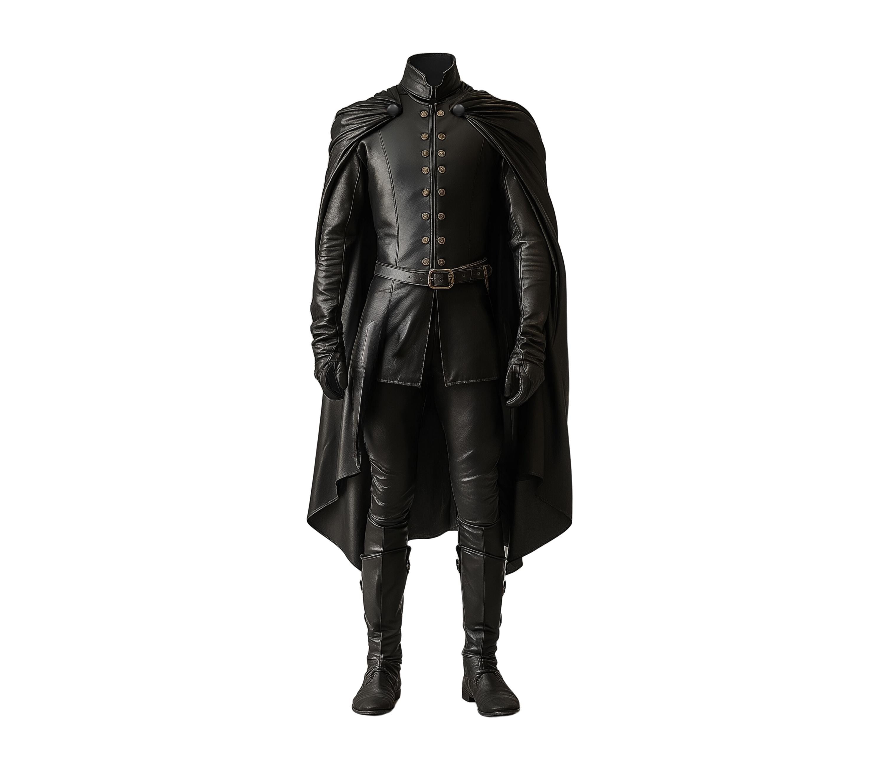Duke of Shadows dark fantasy warrior wearing medieval leather cloak and black leather outfit with cane sword — gothic cosplay costume for men - Creed Leather