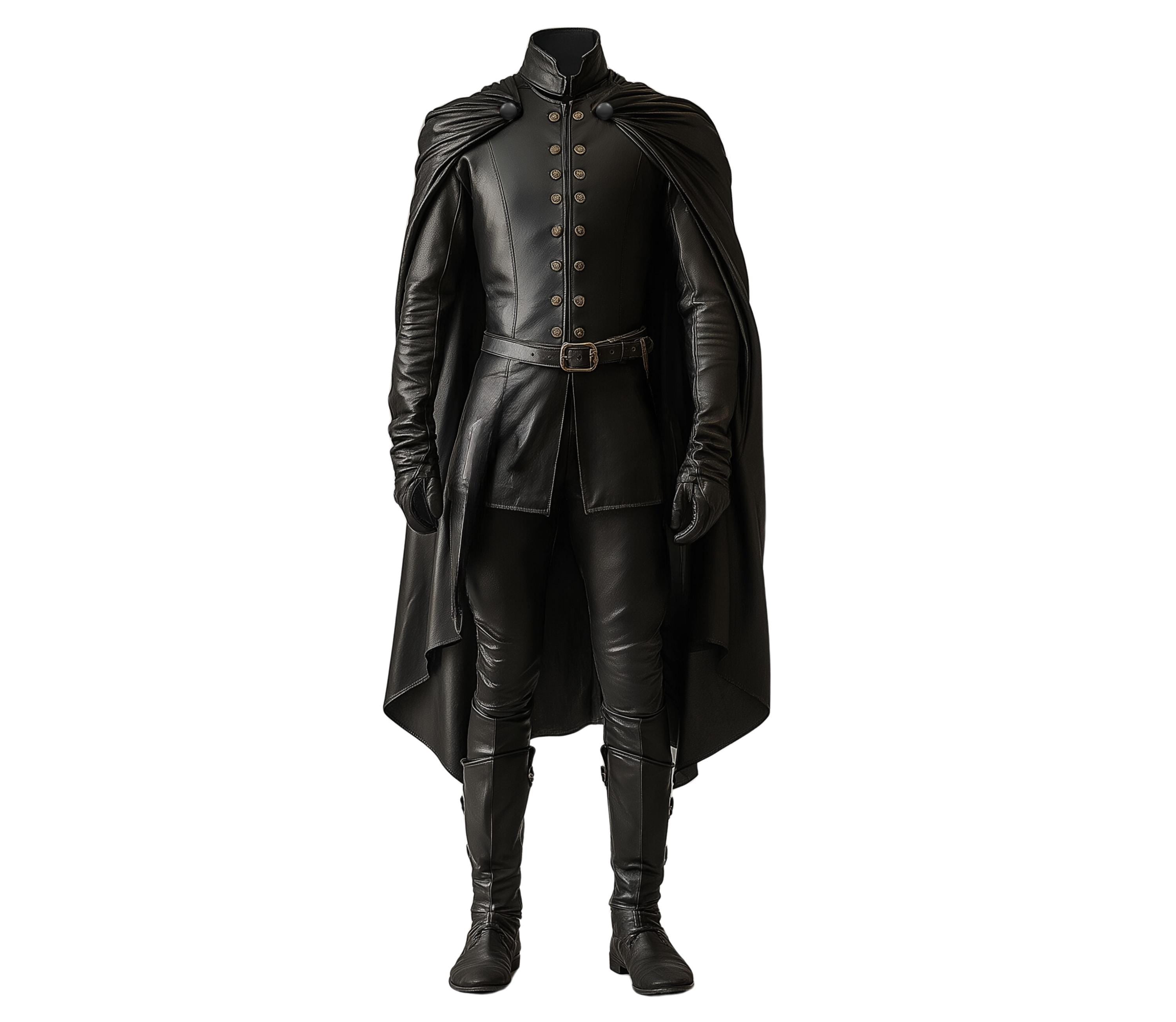 Front view of Duke of Shadows wearing medieval leather cloak and black leather outfit with cane sword — dark fantasy warrior cosplay for men - Creed Leather