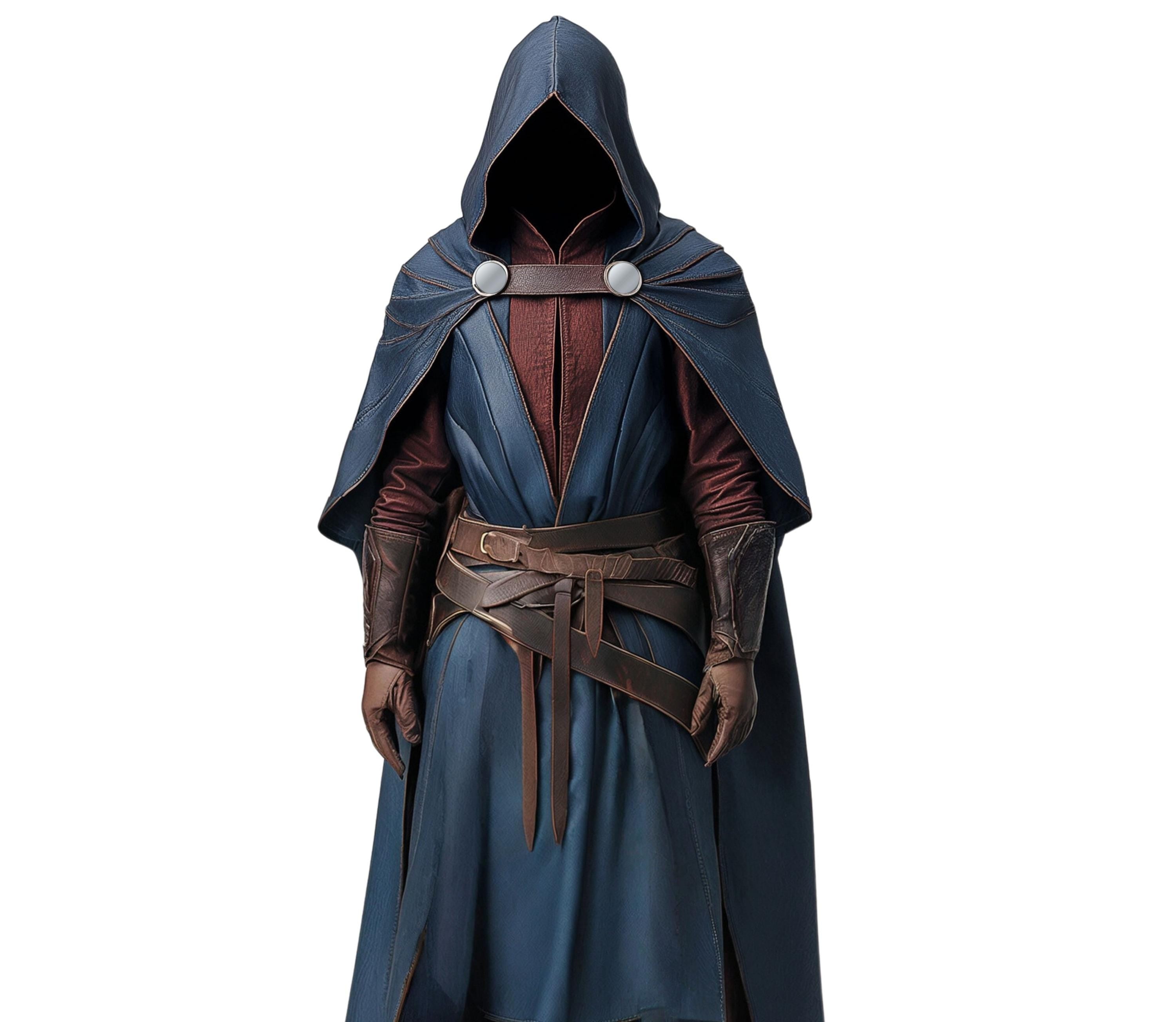 Close-up front view of a blue hooded assassin costume with detailed leather vest, belted robe, and fantasy cloak layers; ideal for Assassin's Creed cosplay, DnD-inspired outfits, and medieval wizard costumes. - Creedleather