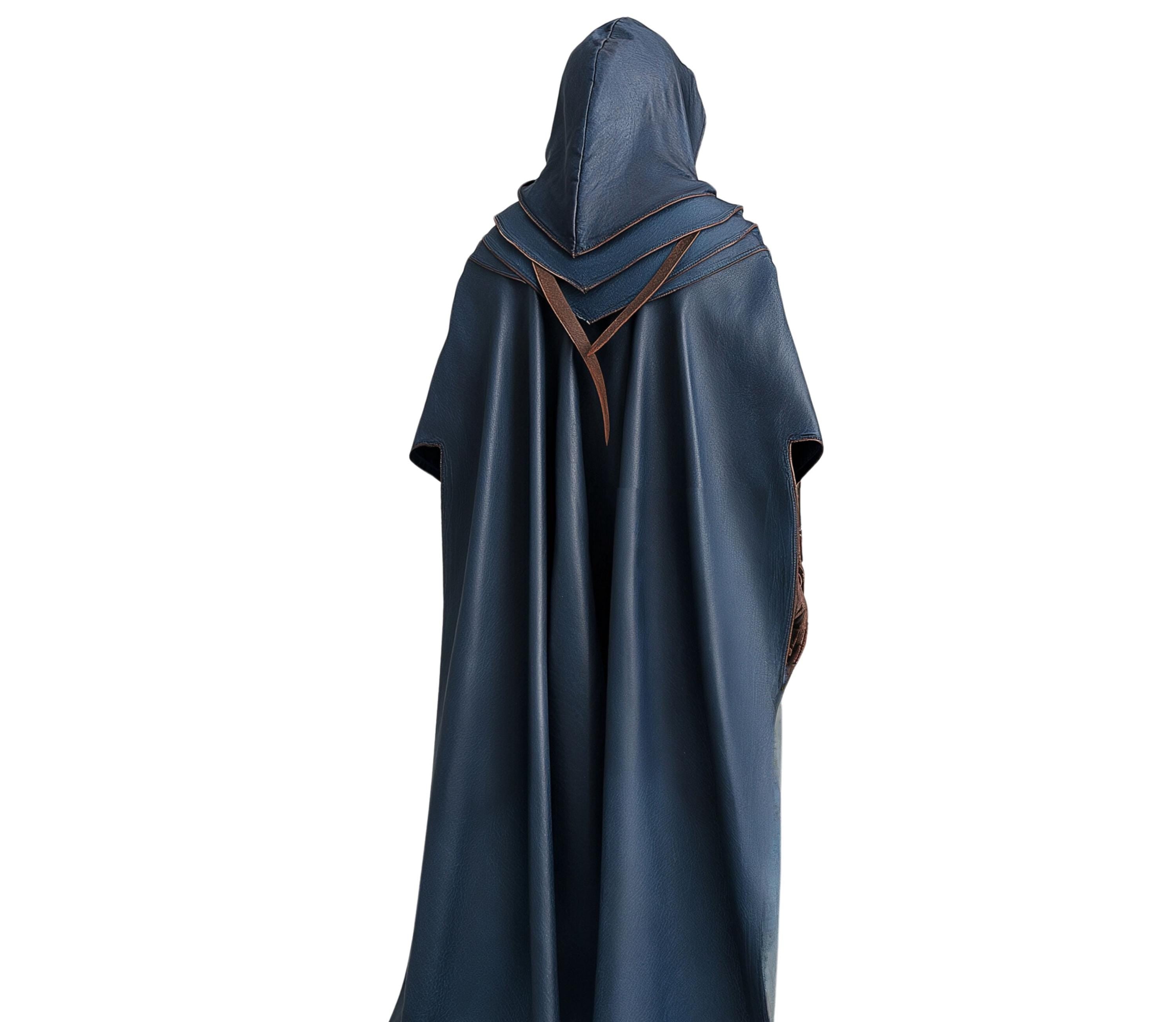 Close-up back view of a blue hooded fantasy cloak featuring layered detailing and leather trim, evoking a medieval wizard cloak or warlock cloak; perfect for cosplay, LARP, and Renaissance fair outfits. - Creedleather