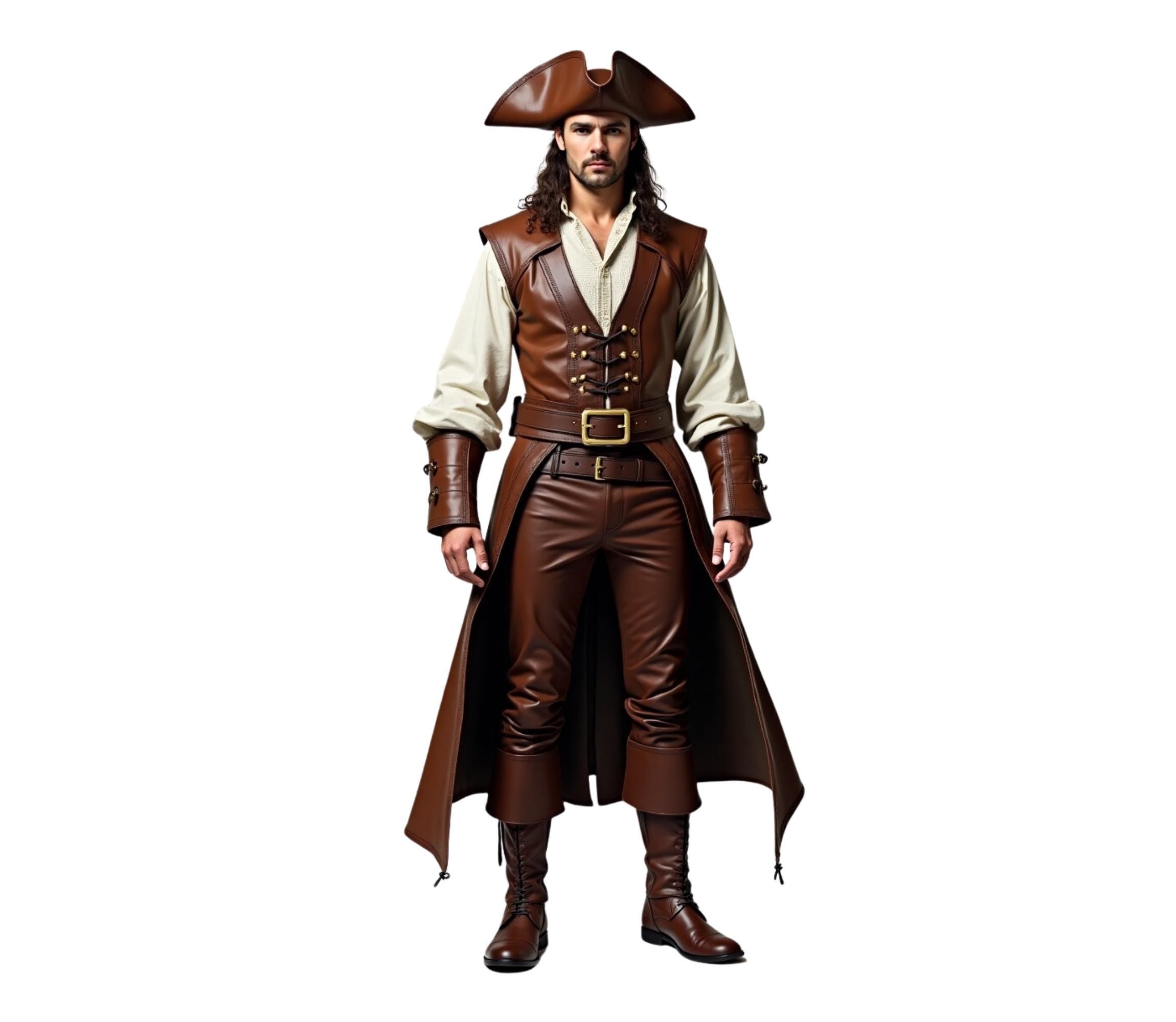 The Obsidian Mariner - Pure Brown Leather Pirate Cosplay Costume - Handmade Renaissance Fair Pirate Coat - Captain’s Vest Ren Faire Festival Outfit - Pirate Hat