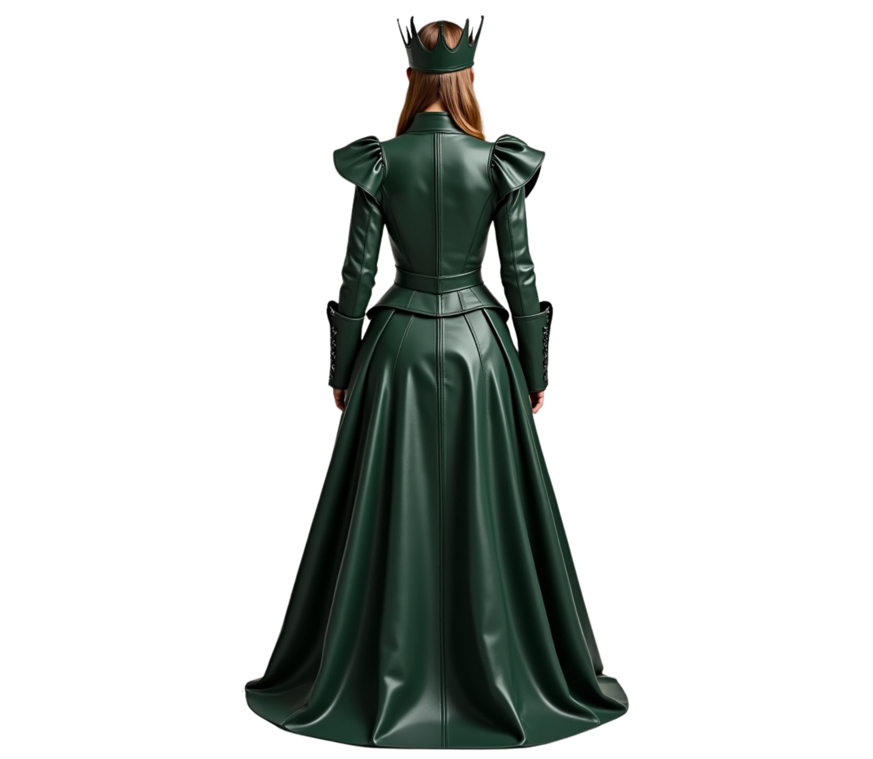 Back view of The Shadow Queen costume showcasing leather gown details, royal queen costume design, flowing medieval fantasy skirt, and elegant woman leather outfit styling. - Creed Leather