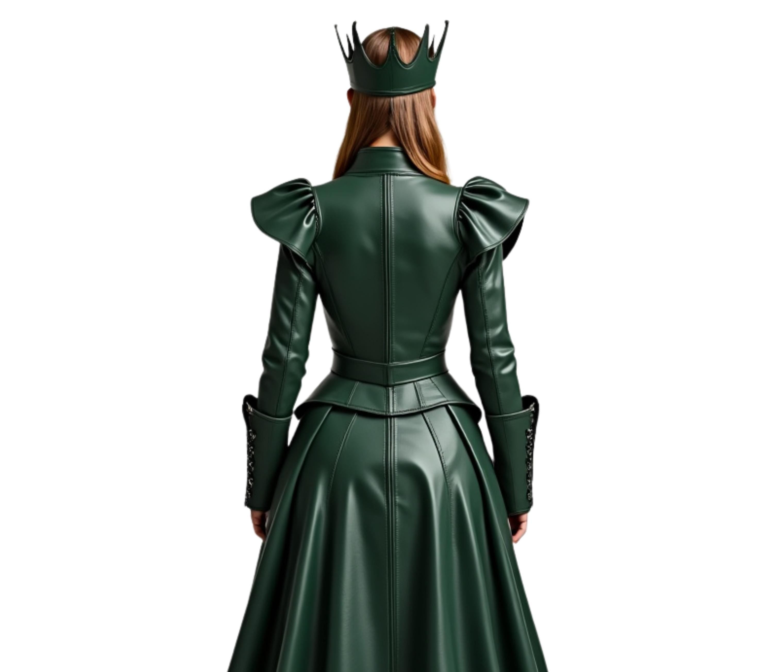 Close-up back view of The Shadow Queen costume showing detailed stitching, flowing leather skirt, gothic queen dress design, and elegant royal queen costume craftsmanship. - Creed Leather