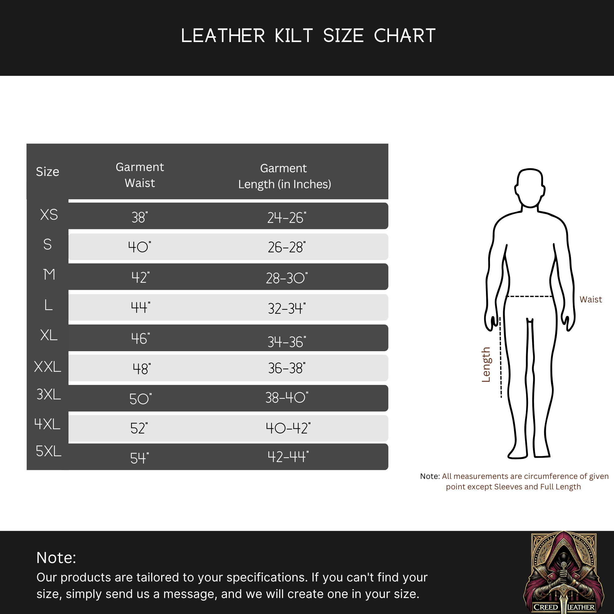 Leather Kilt SIZE chart - Creed Leather