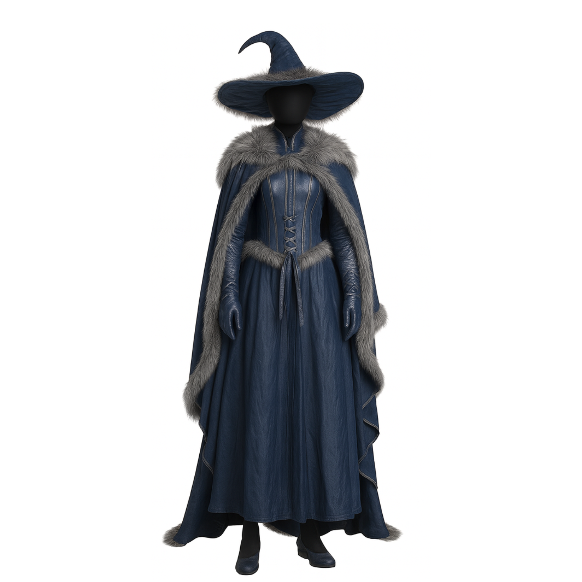 Blue Leather-Look Witch Costume – Gothic Sorceress Cloak and Hat