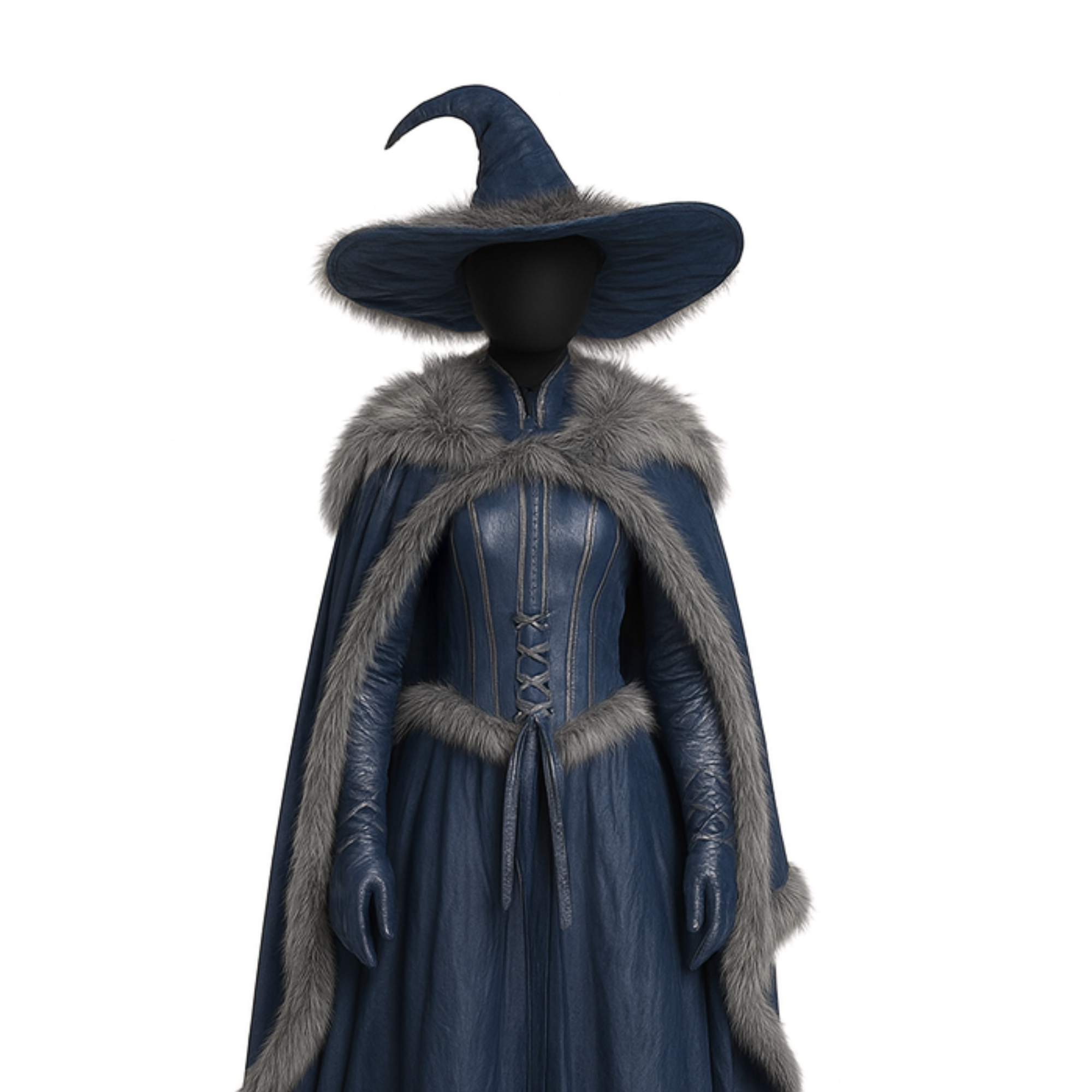 Blue Leather-Look Witch Costume – Gothic Sorceress Cloak and Hat