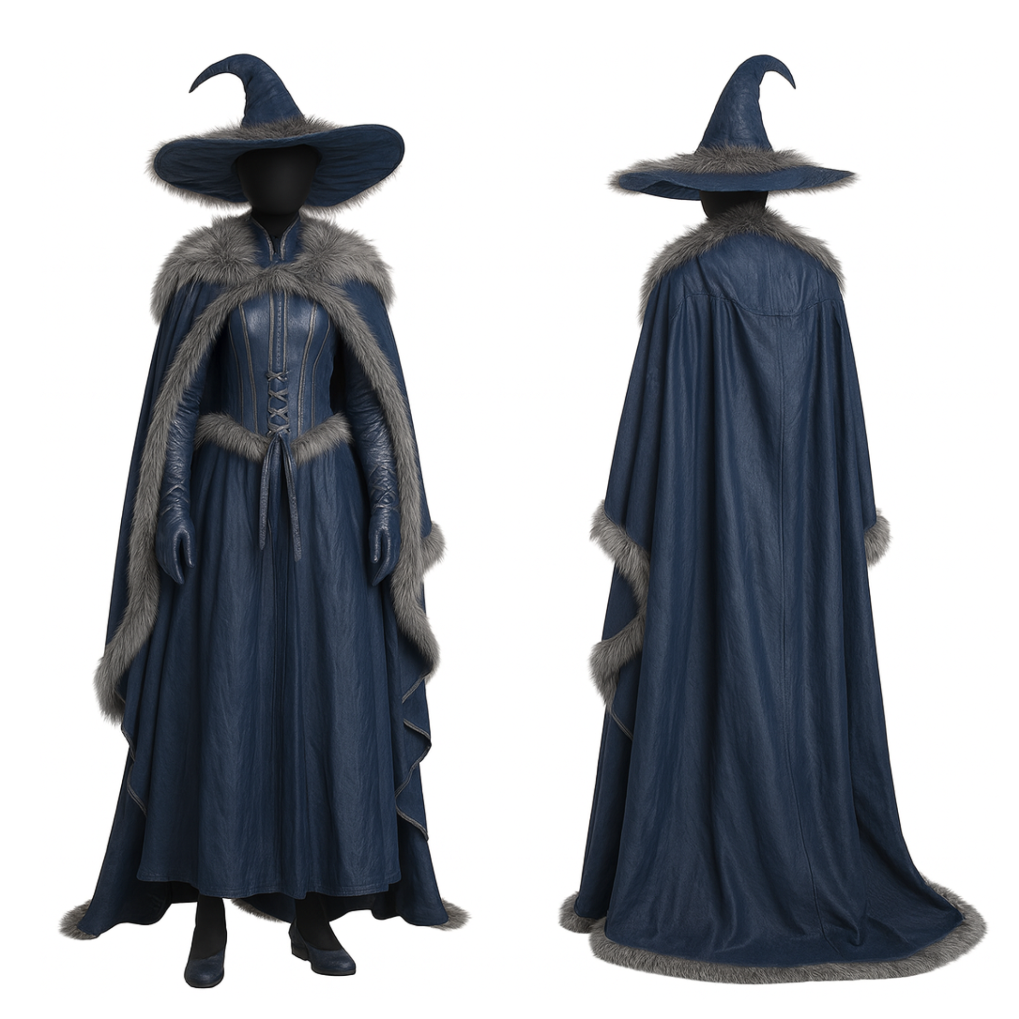 Blue Leather-Look Witch Costume – Gothic Sorceress Cloak and Hat