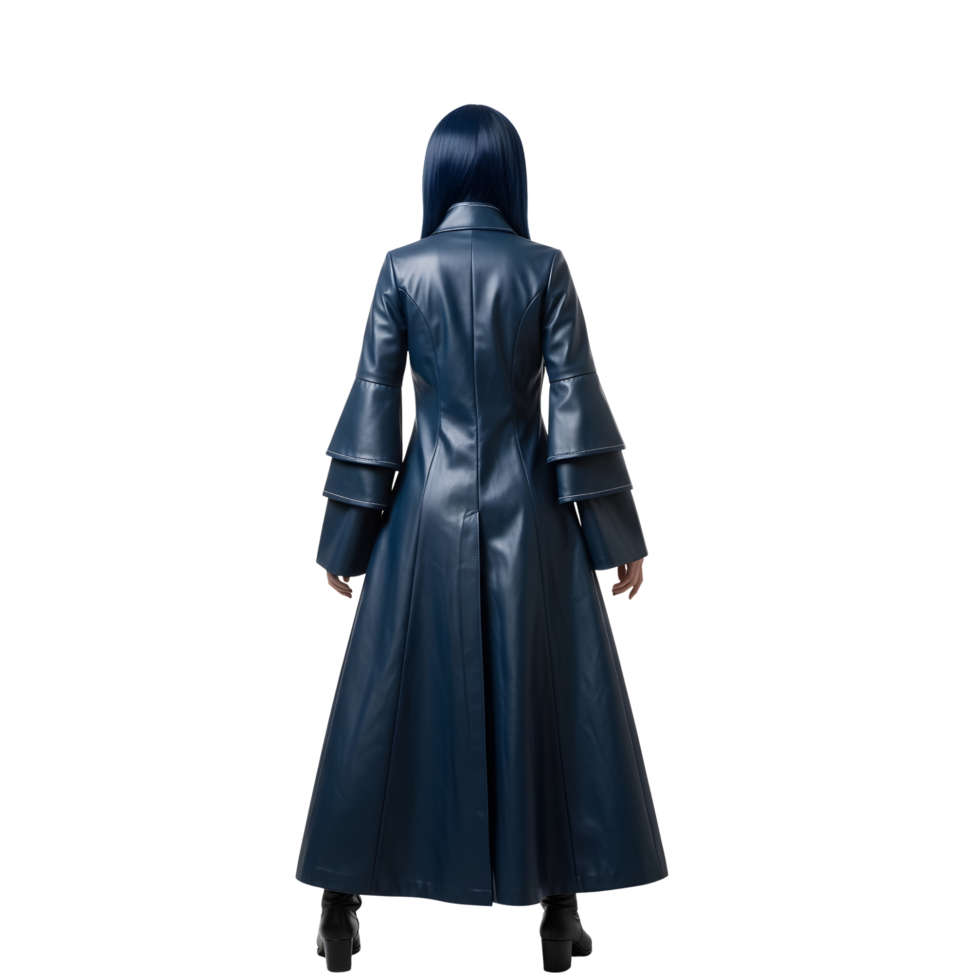 Back view of Nightbound Enchantress leather trench coat showing extended rear hem, smooth black leather construction, structured tailoring, and dramatic full-length drape designed for dark fantasy cosplay and LARP characters. - Creed Leather