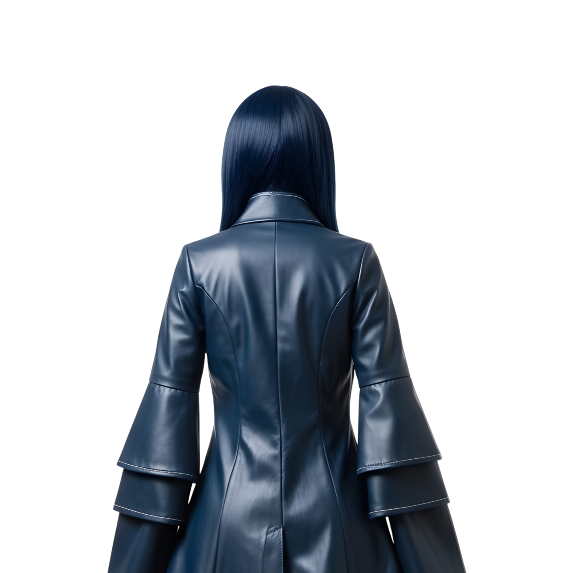 Back close-up of Nightbound Enchantress leather trench coat emphasizing the clean seam lines, flowing back panel, structured leather texture, and elegant long-tail silhouette for immersive cosplay and Ren Faire outfits. - Creed Leather