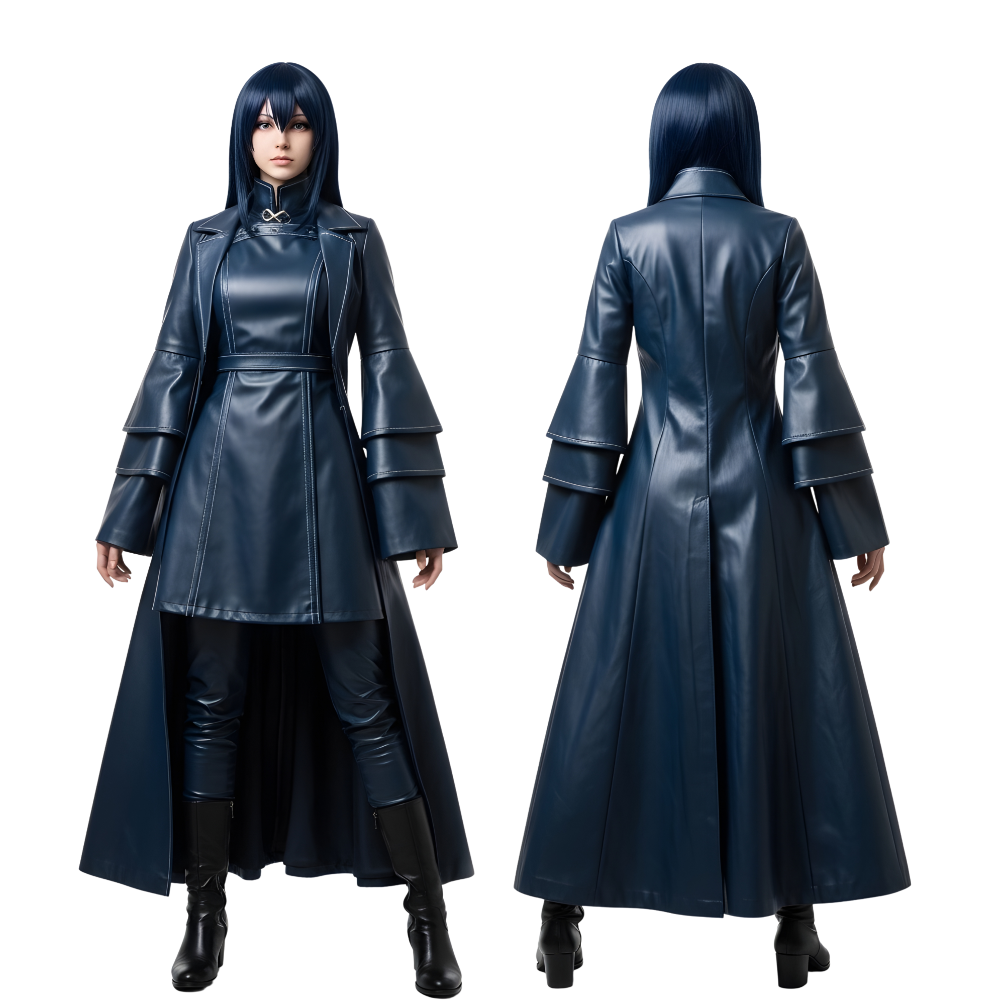 Front and back views of the Nightbound Enchantress anime-inspired leather trench coat and matching tunic, showcasing the tailored front, dramatic long back drape, layered sleeves, and dark fantasy aesthetic ideal for LARP, cosplay, and Renaissance festivals. - Creed Leather