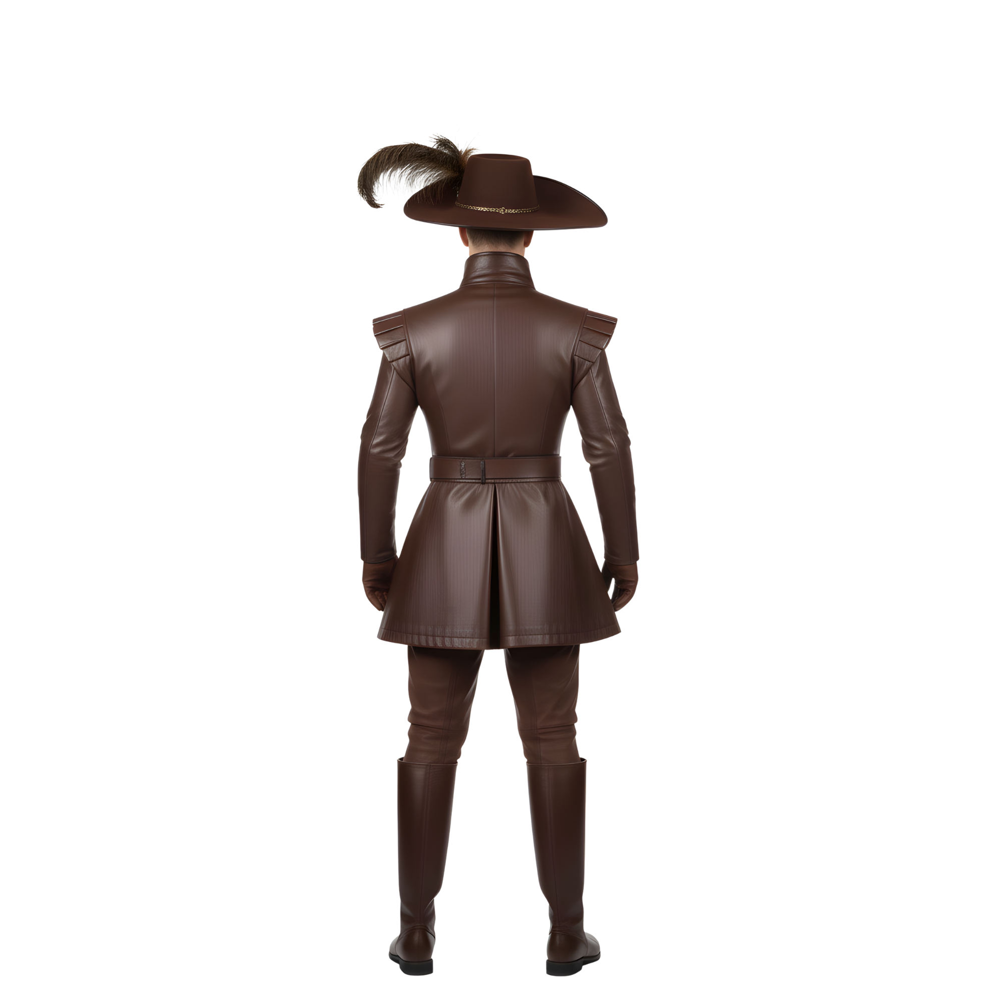 Royal Vindicator men’s leather musketeer costume back view, featuring tailored dark brown Renaissance coat with structured shoulders, fitted waist, long skirt panels, matching leather trousers, and tall boots for LARP, cosplay, and Renaissance fair wear. - Creed Leather