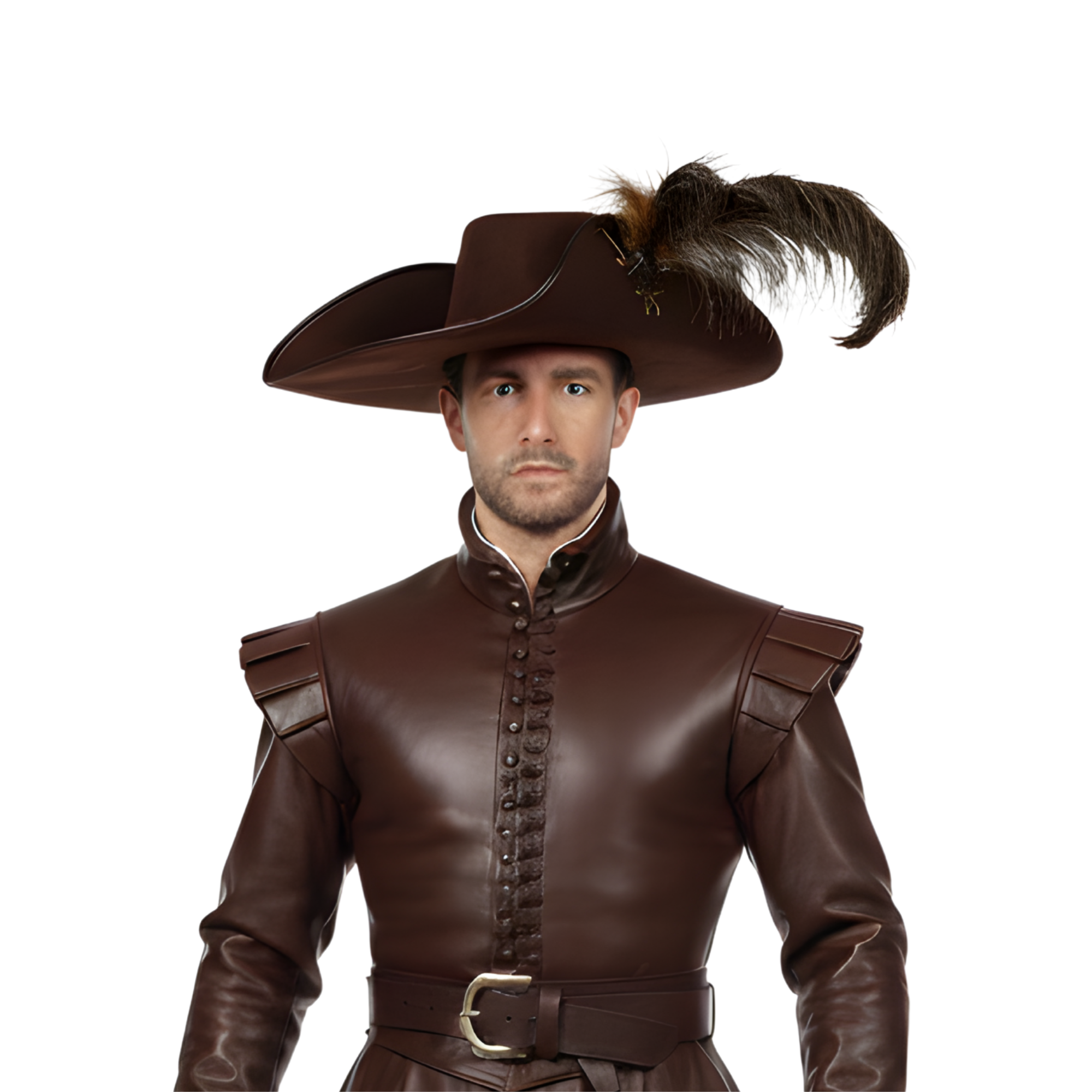 Front close-up of Royal Vindicator leather musketeer costume, showcasing buttoned chest detailing, high Renaissance collar, premium dark brown leather texture, wide belt with metal buckle, and classic nobleman duelist styling for cosplay and LARP. - Creed Leather
