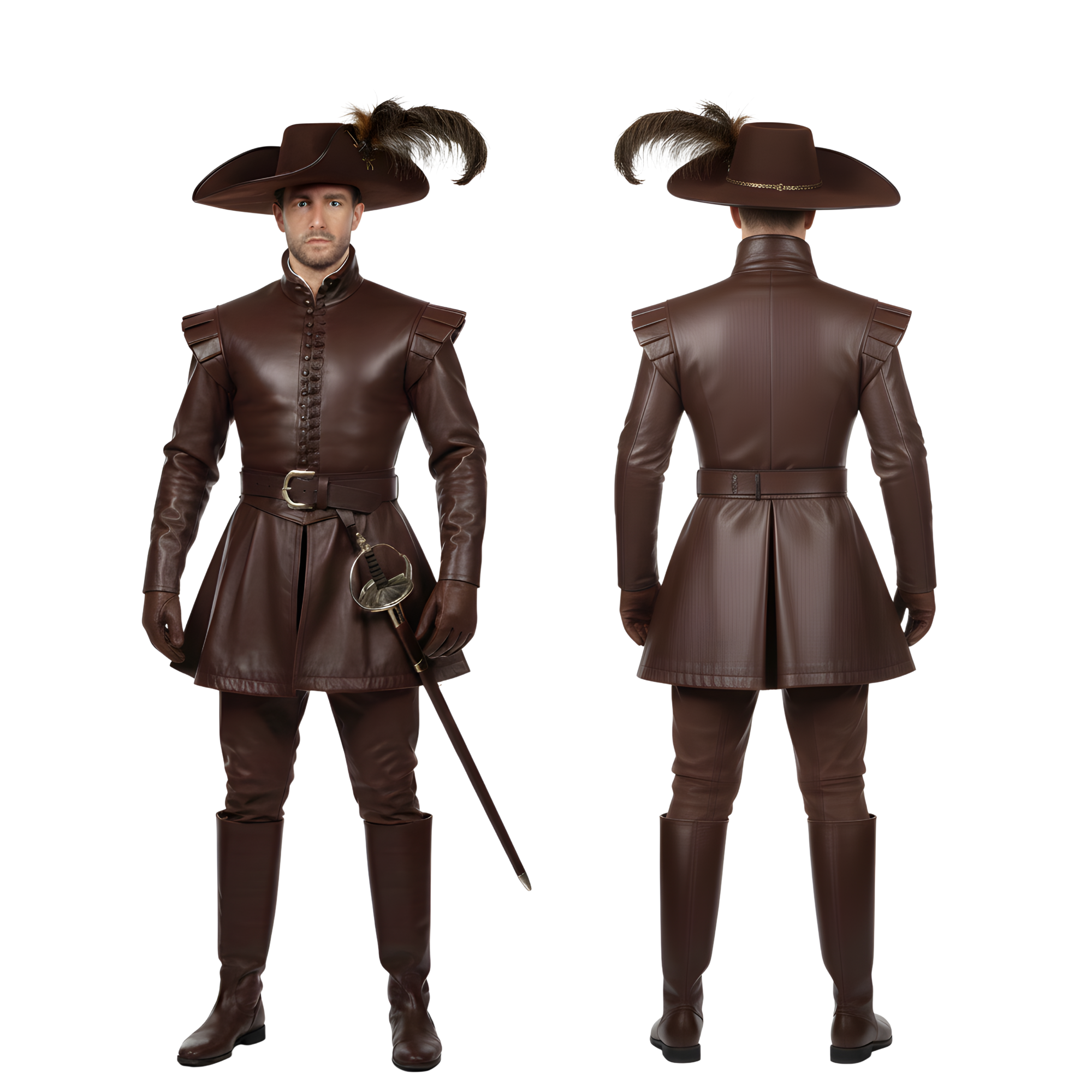 Royal Vindicator men’s leather musketeer costume front and back views, displaying Renaissance nobleman duelist design with buttoned leather coat, structured shoulders, fitted waist, long skirt panels, tall boots, and authentic detailing for LARP, cosplay, and Ren Faire. - Creed Leather