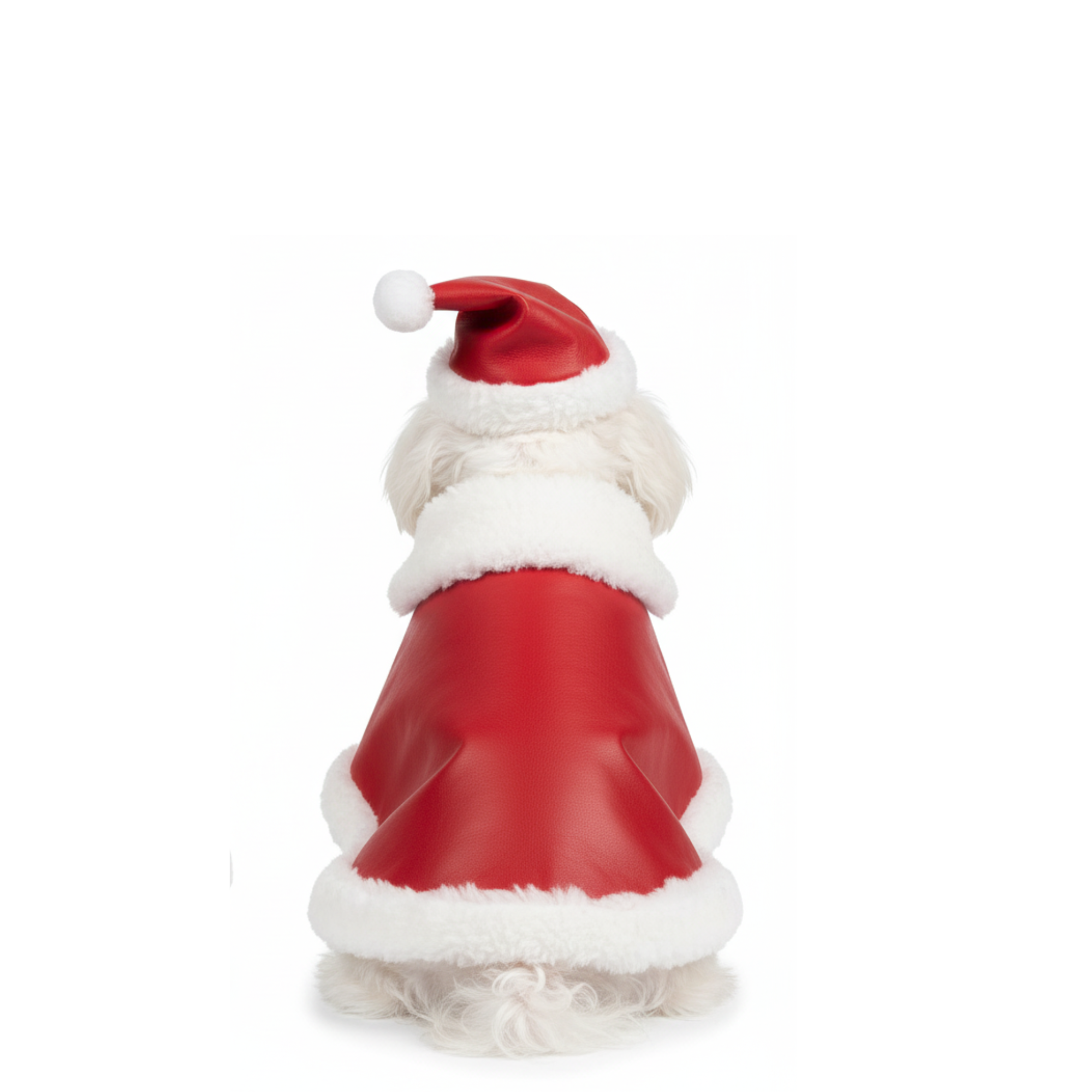 Santa Dog Cloak with Matching Cap – Red Leather Christmas Pet Cape with White Fur Trim – Holiday Photo Outfit