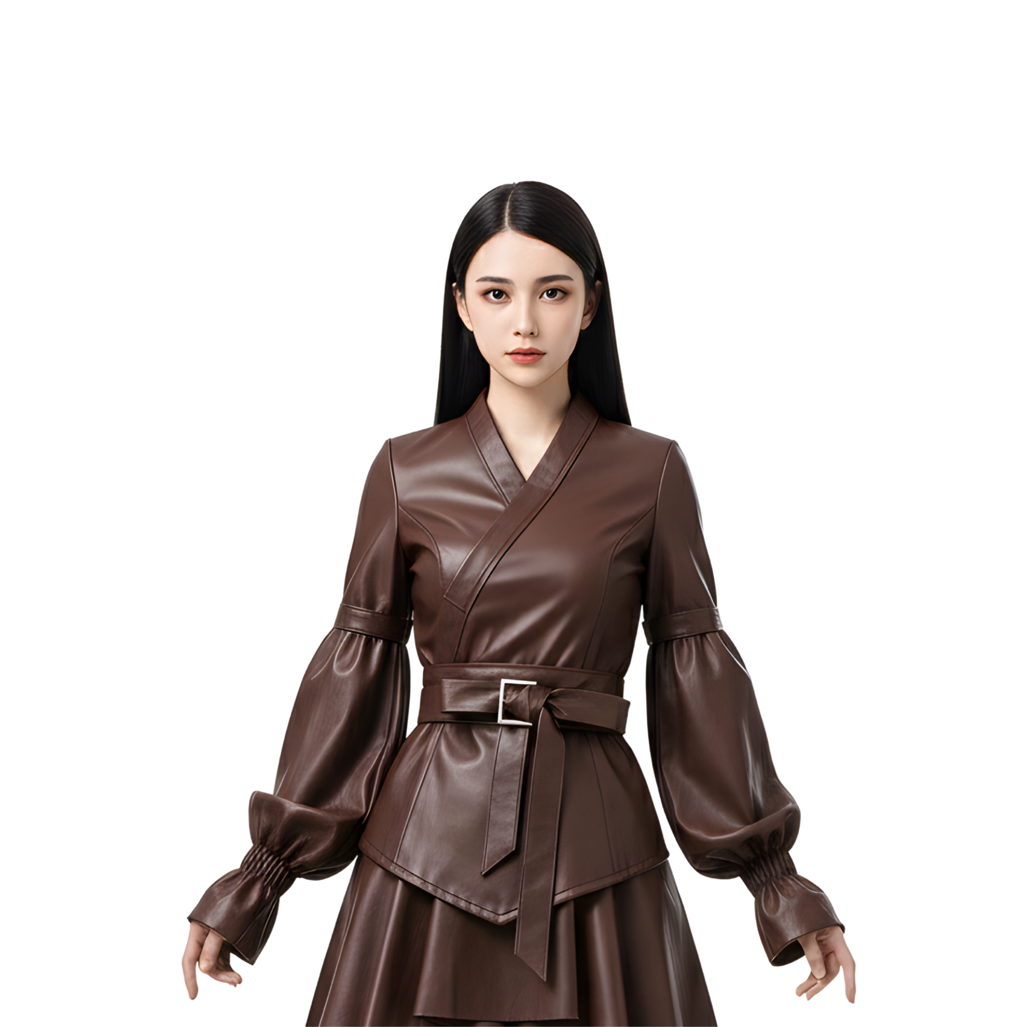 Anime-style Sovereign Huntress fantasy costume with structured leather wrap tunic, layered skirt design, adjustable belt, and elegant gothic silhouette for LARP, cosplay, and medieval roleplay. - Creed Leather