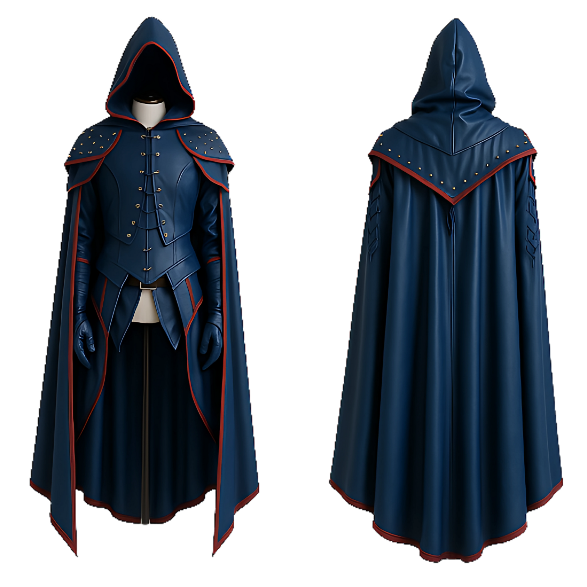 The Arcane Warden – Midnight Blue Leather Medieval Hooded Cloak and Vest, Viking Cosplay Costume, LARP Outfit, Gothic Halloween Fantasy Robe