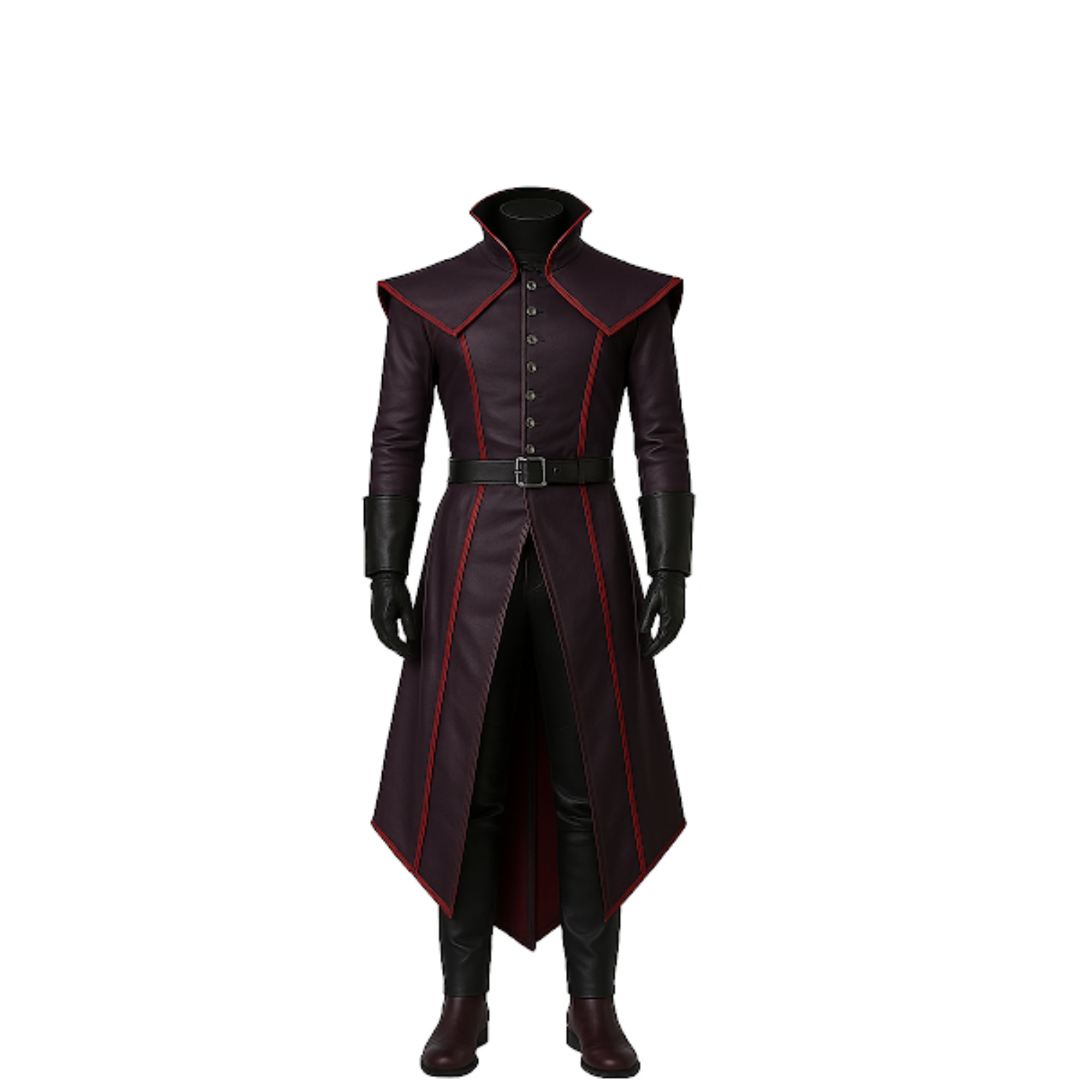Gothic Maroon Leather-Look Trench Coat: Red Trim Vampire Costume