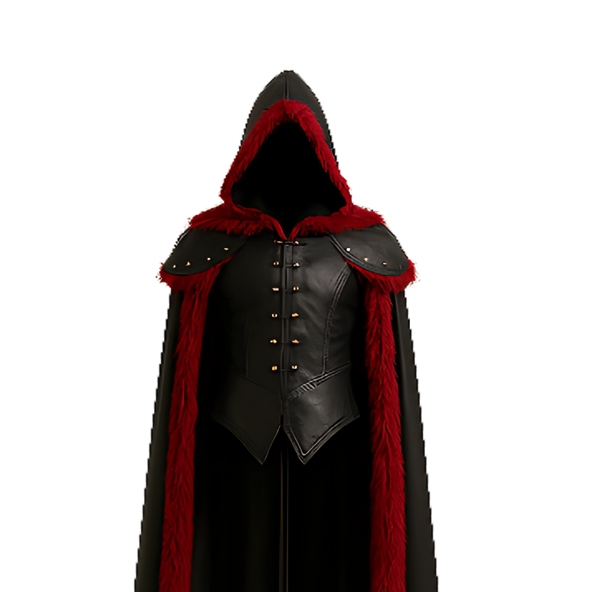 The Crimson Howler – Black Hooded Leather Cloak with Red Fur & Leather Vest - Gothic Vampire LARP Cosplay, Gothic, Witch Halloween Outfit