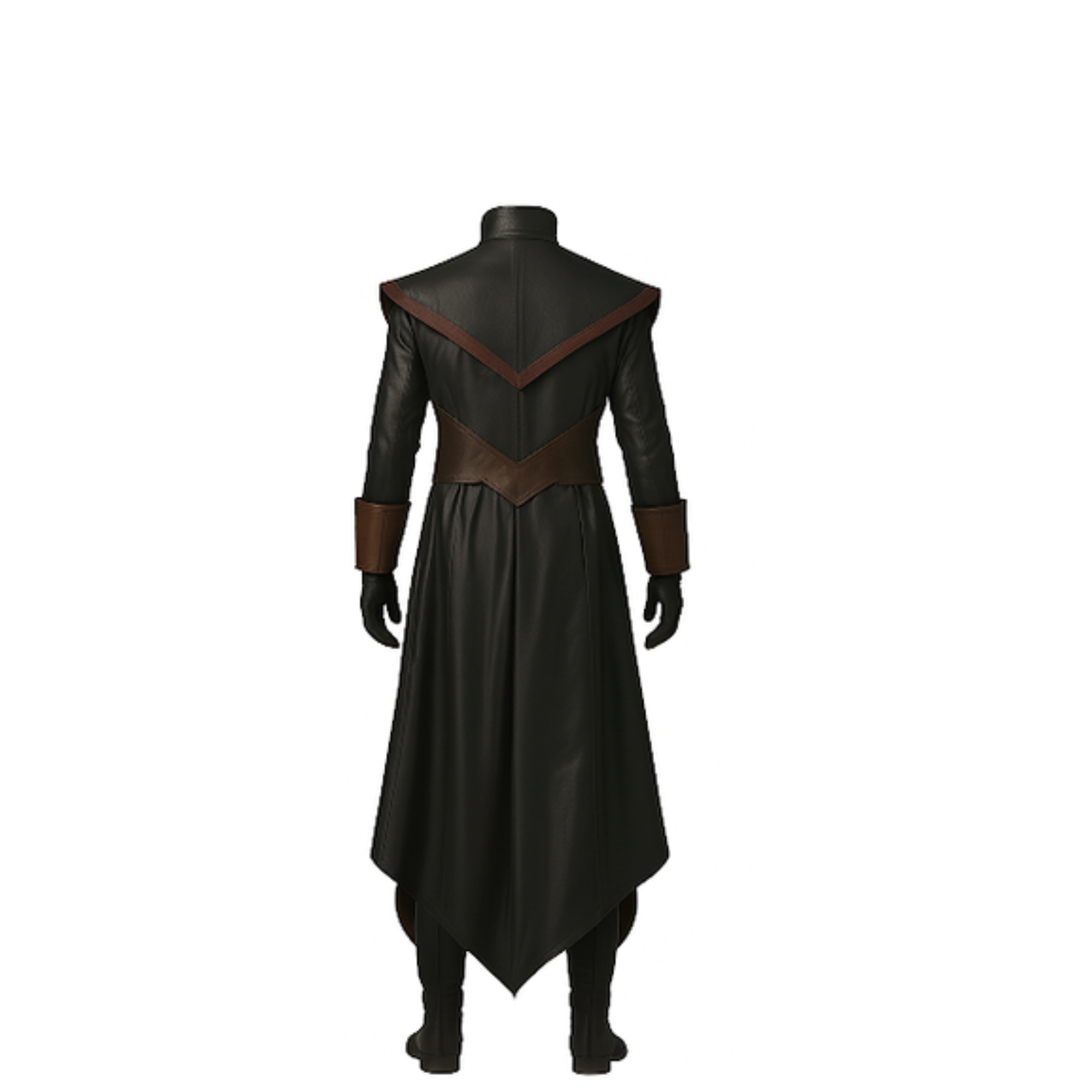 Dreadwatch Enforcer long black leather trench coat with high collar and brown accents, gothic steampunk Victorian style, unisex design for cosplay, LARP, and Renaissance fairs