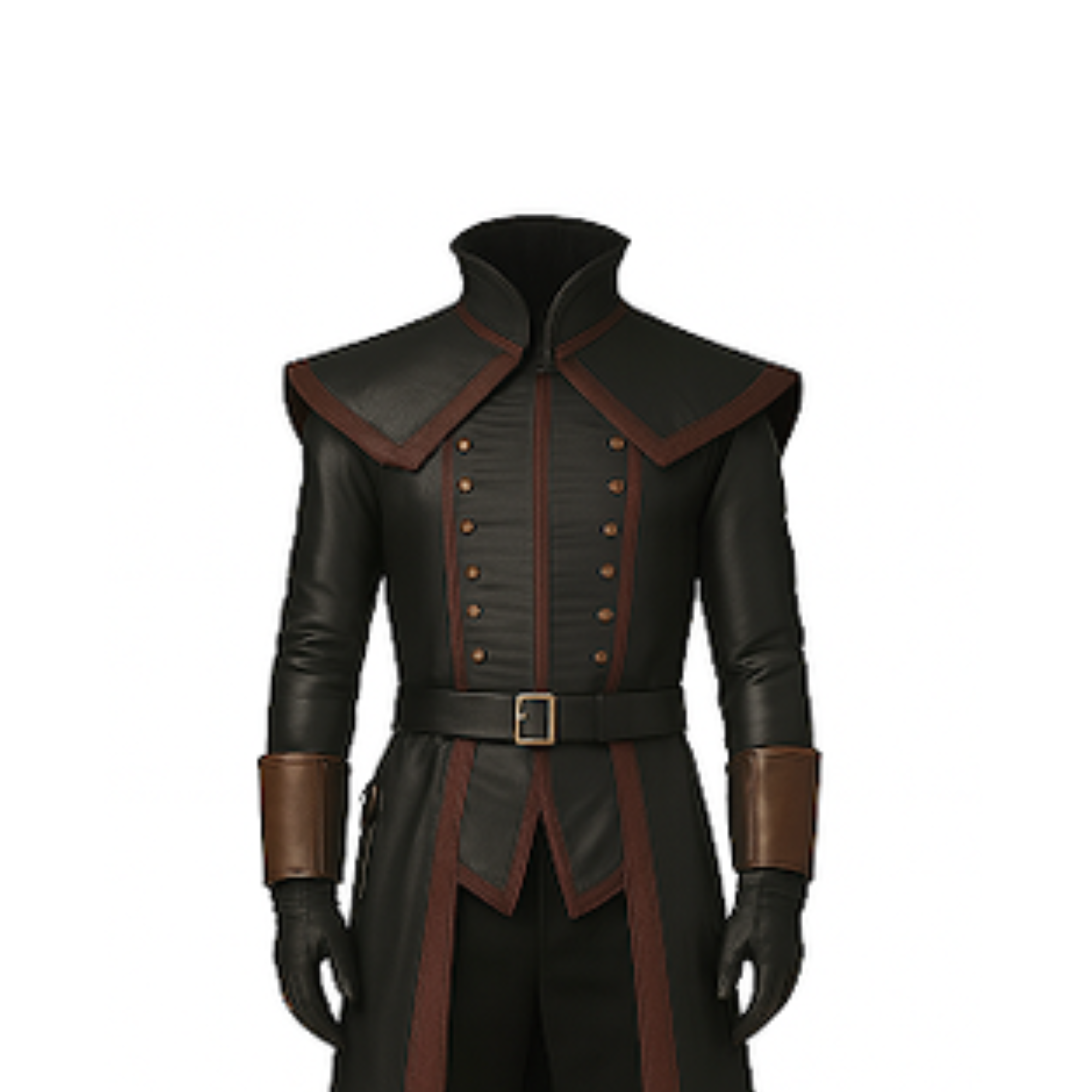 Front close-up of Dreadwatch Enforcer trench coat showing high collar, double-breasted metallic buttons, reinforced cuffs, and brown accents in black leather, gothic and steampunk style