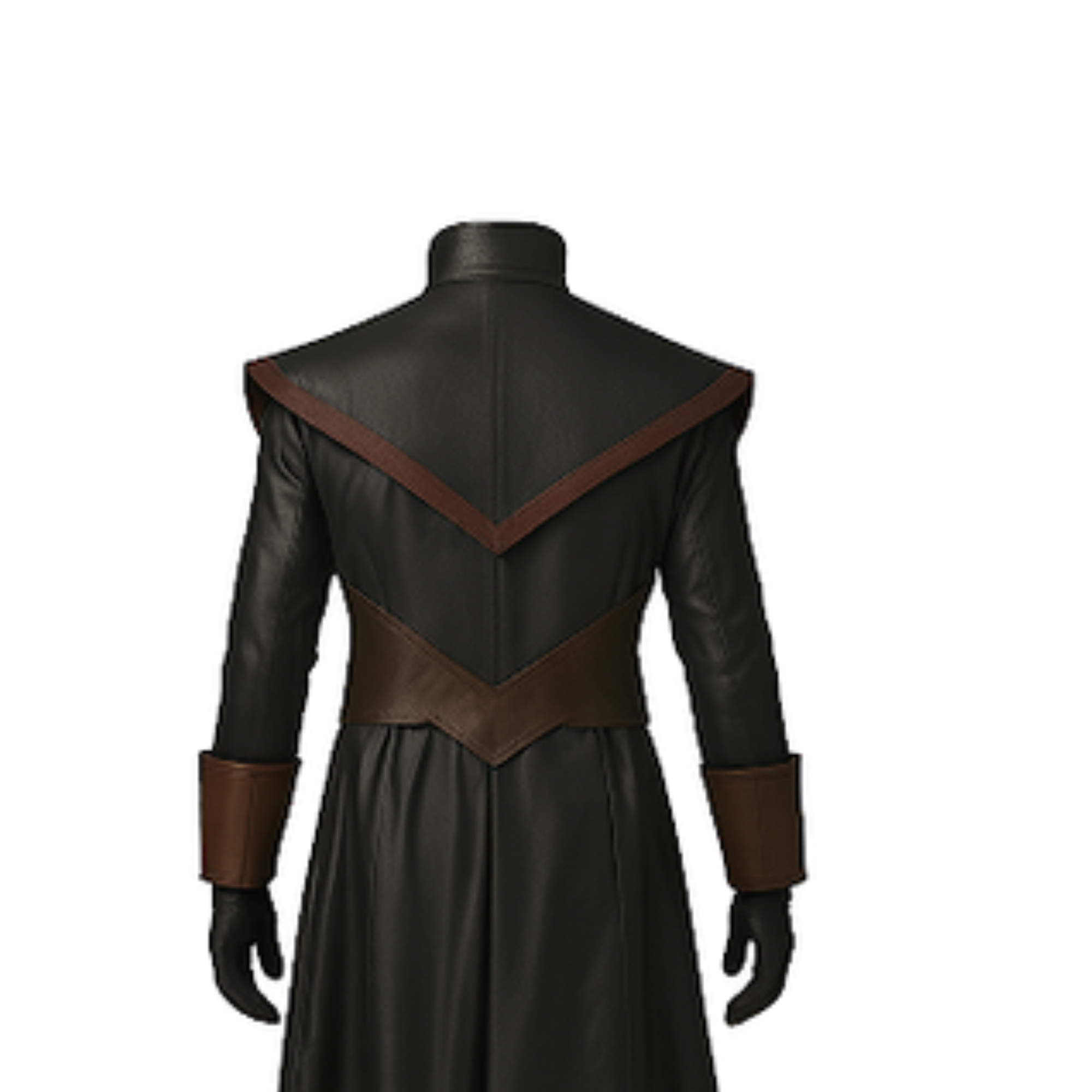 Close-up of back of Dreadwatch Enforcer trench coat highlighting tailored seams, long flowing cut, and gothic steampunk style details