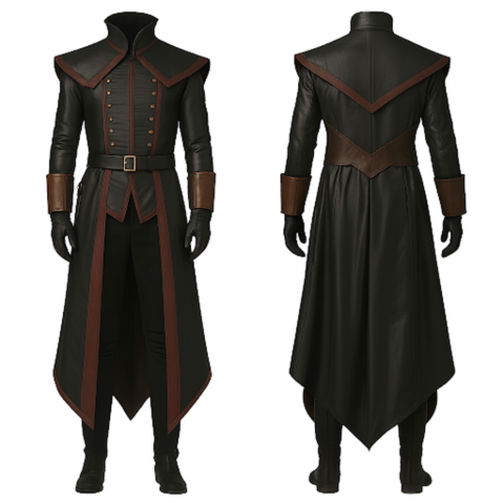 Front and back combined view of Dreadwatch Enforcer long black leather trench coat with high collar, brown accents, and double-breasted metallic buttons, perfect for cosplay, Halloween, LARP, and Renaissance fair costumes