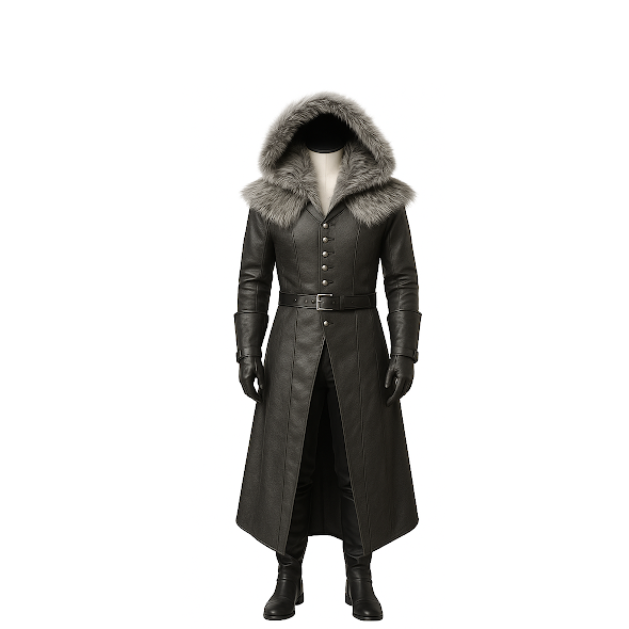 Medieval Fur Hooded Leather Trench Coat: Gothic LARP Cosplay Jacket