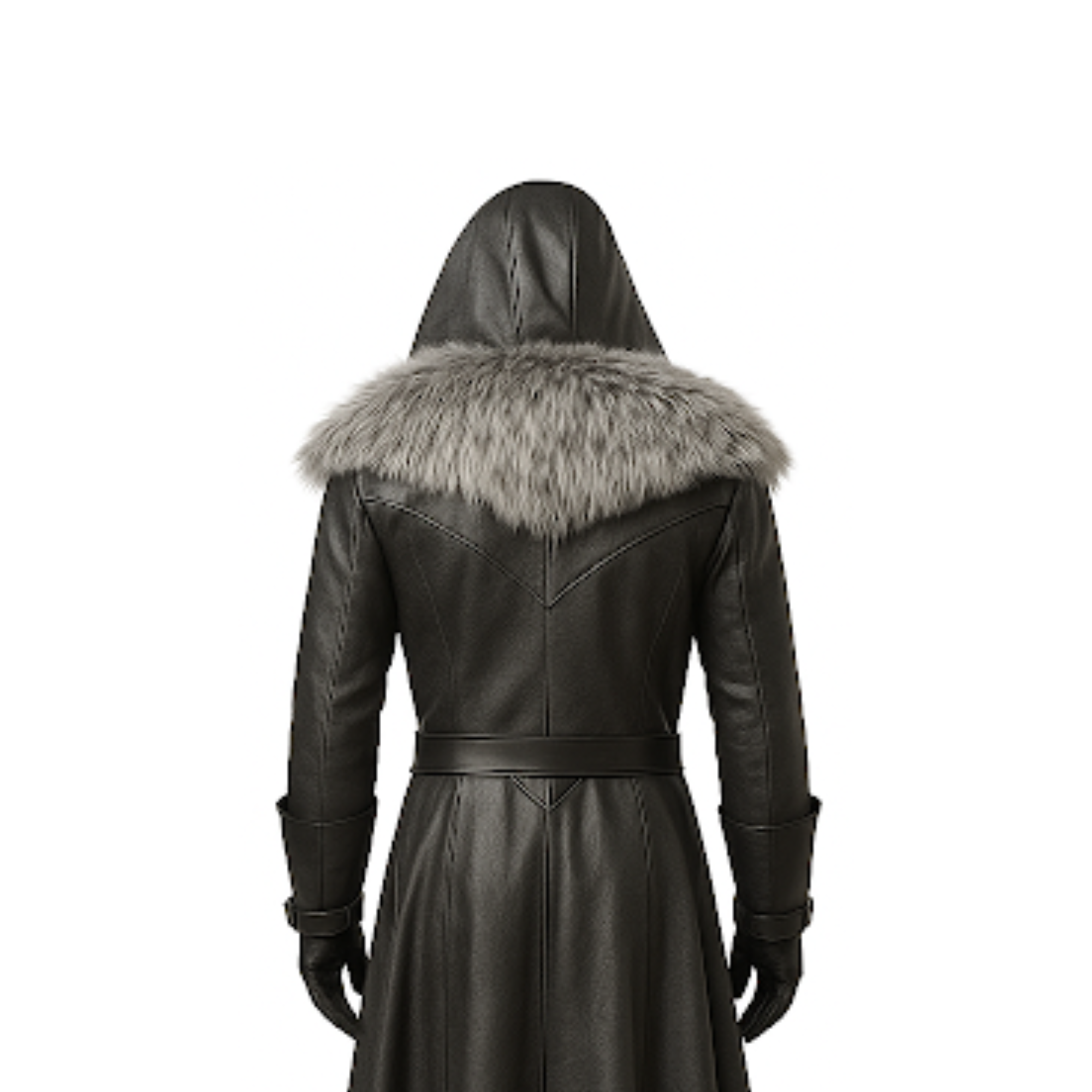 Close-up back detail of medieval gothic leather trench coat highlighting stitching, leather grain texture, and fur-trimmed hood.