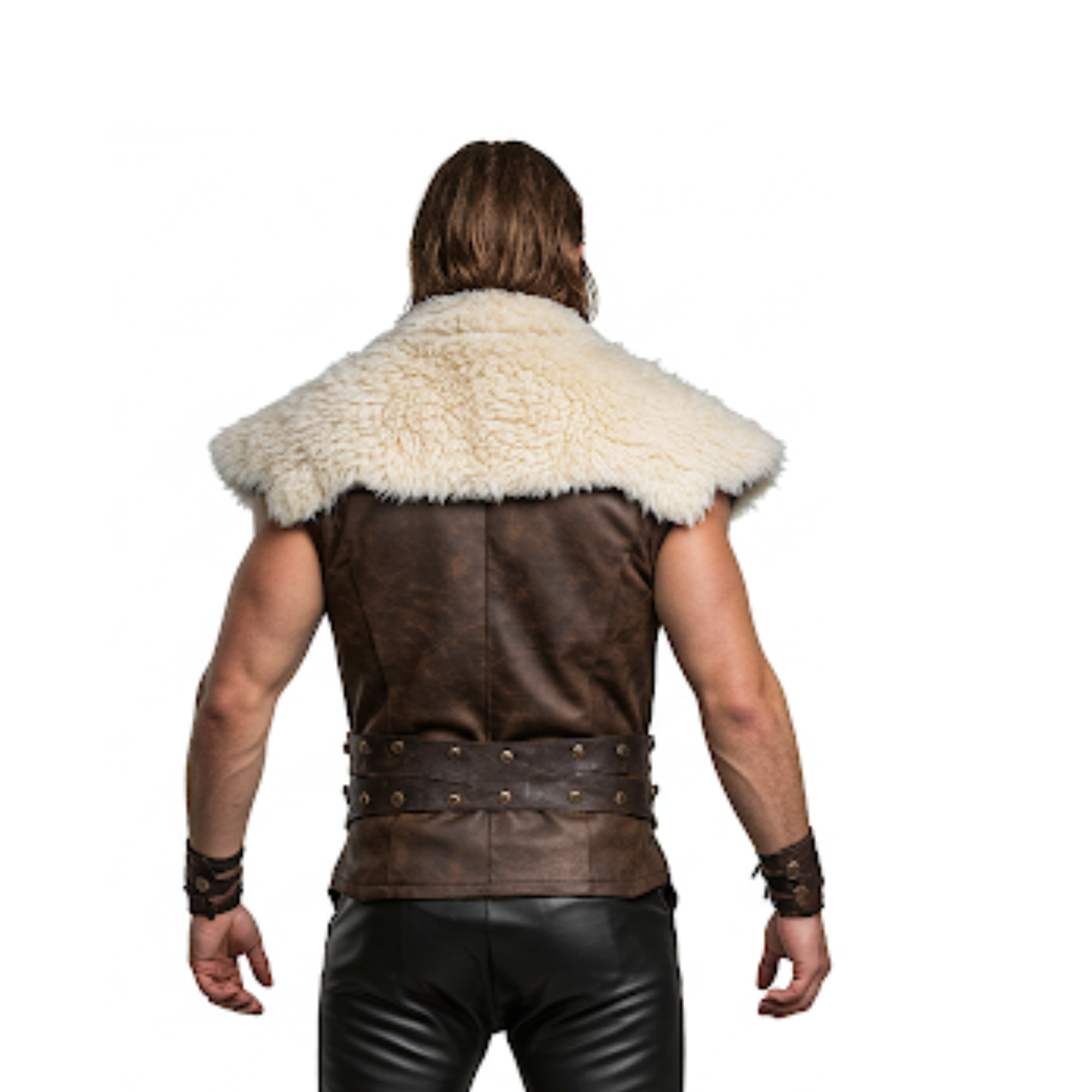 Brown Leather Viking Vest – Ironfang Alpha, Fur Collar LARP Costume