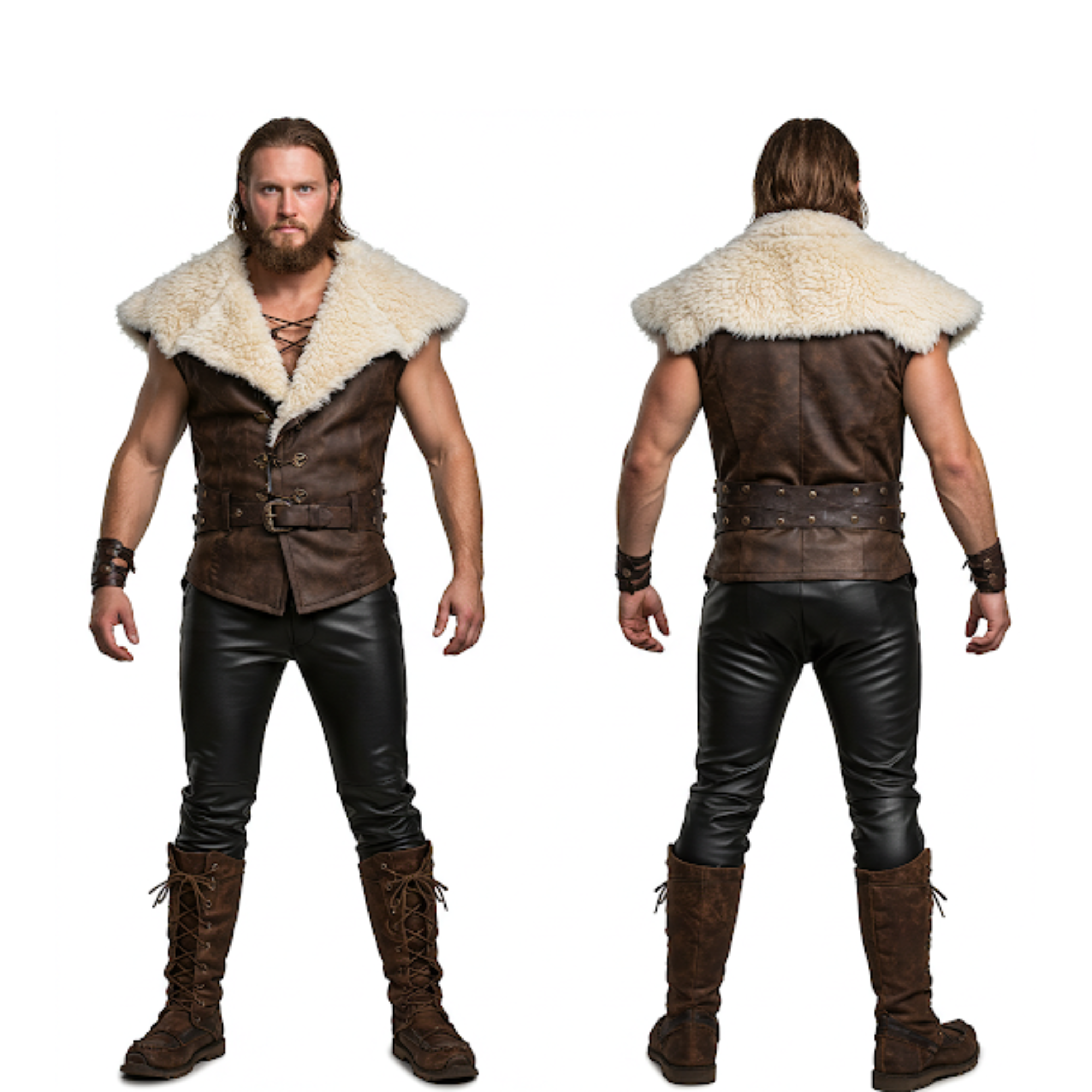 Brown Leather Viking Vest – Ironfang Alpha, Fur Collar LARP Costume