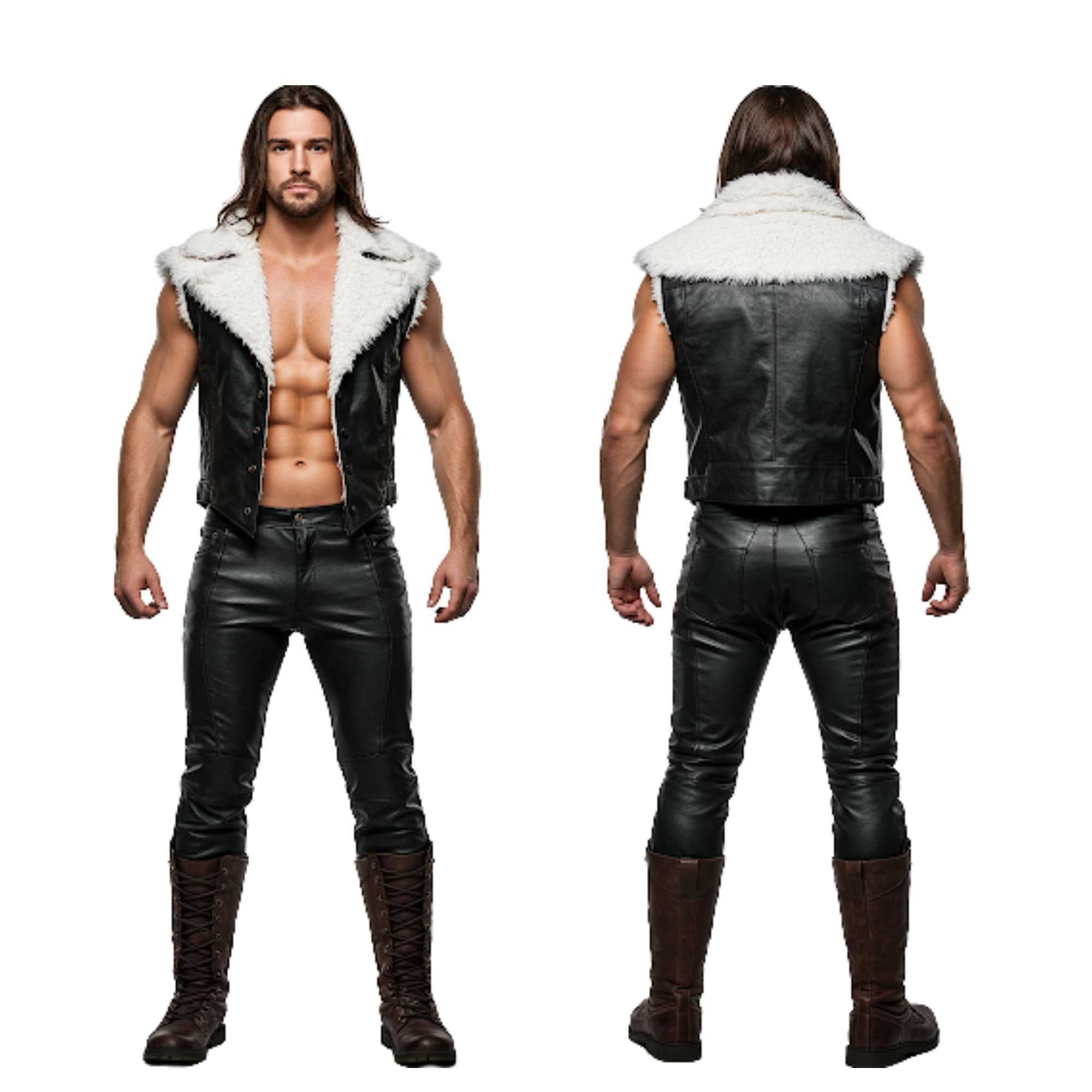 Dark Green Leather Viking Vest with Fur Collar - LARP Cosplay