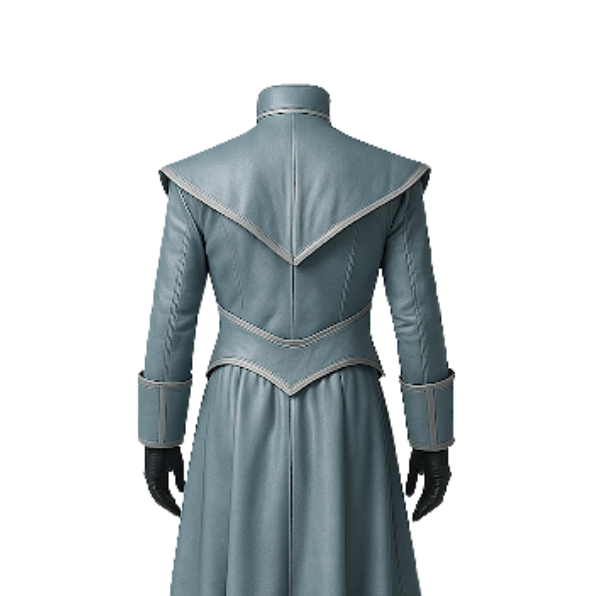 Close-up back detail of medieval-inspired leather coat highlighting tailored fit, high-quality stitching, crafted leather panels, and thick leather build designed for cosplay and themed event wear.