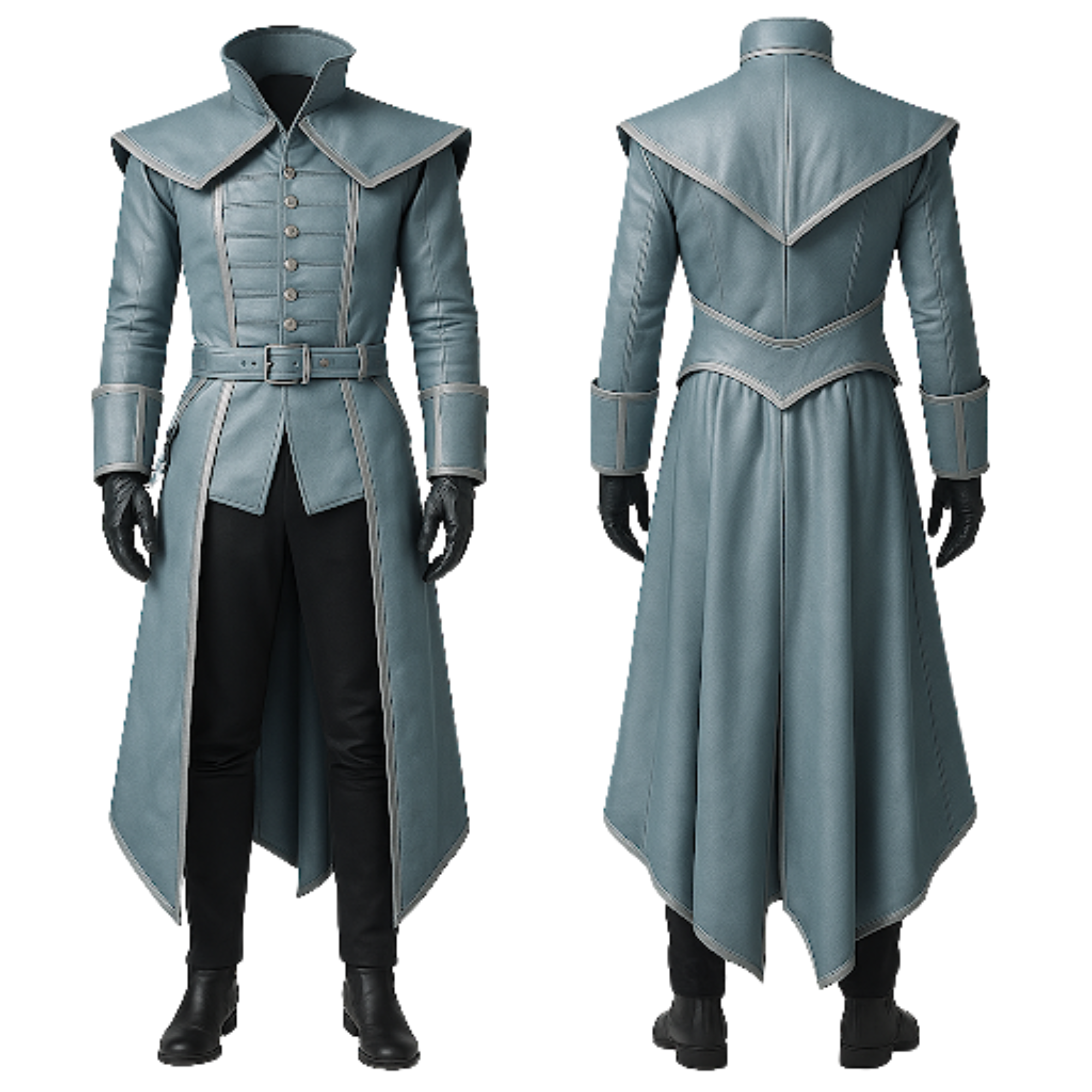 Front and back combined view of high-collar leather trench coat showcasing structured shoulders, asymmetrical hem, double-breasted look, and armored-style fantasy design for cosplay, steampunk, and LARP attire.