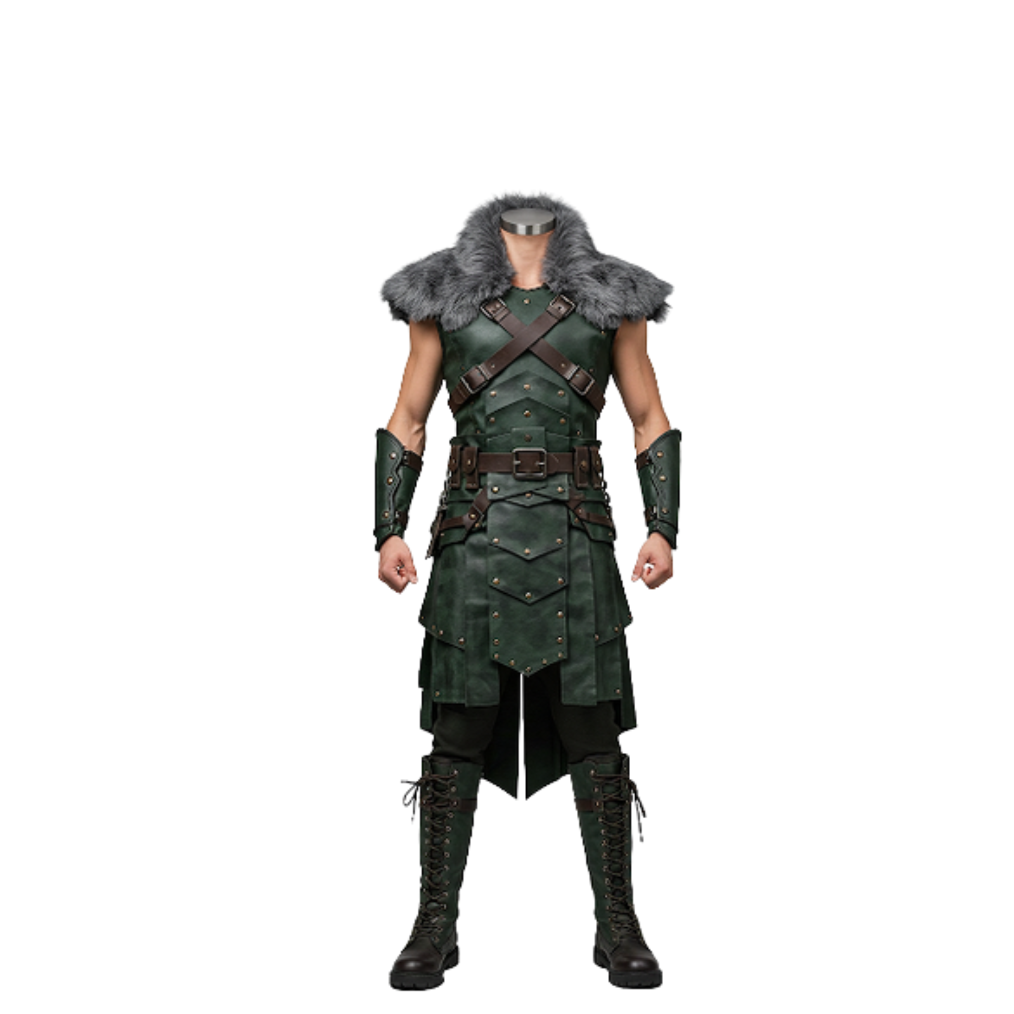 Handmade Green Leather Warrior Vest with Fur Mantle - LARP Cosplay Outfit