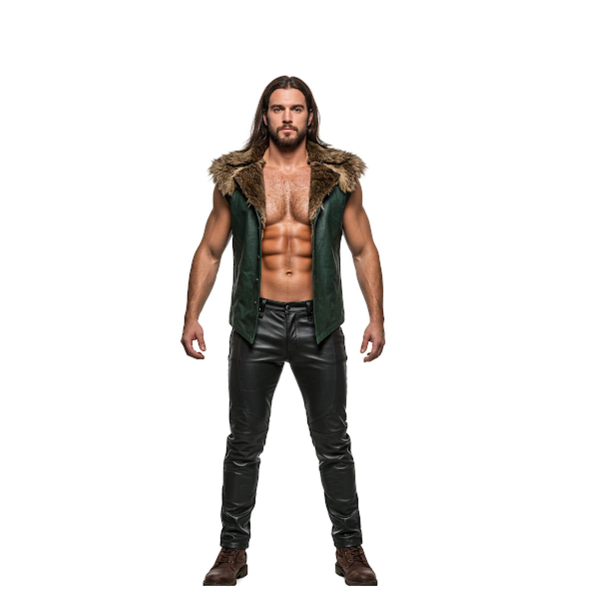 Dark Green Leather Viking Vest with Fur Collar - LARP Cosplay